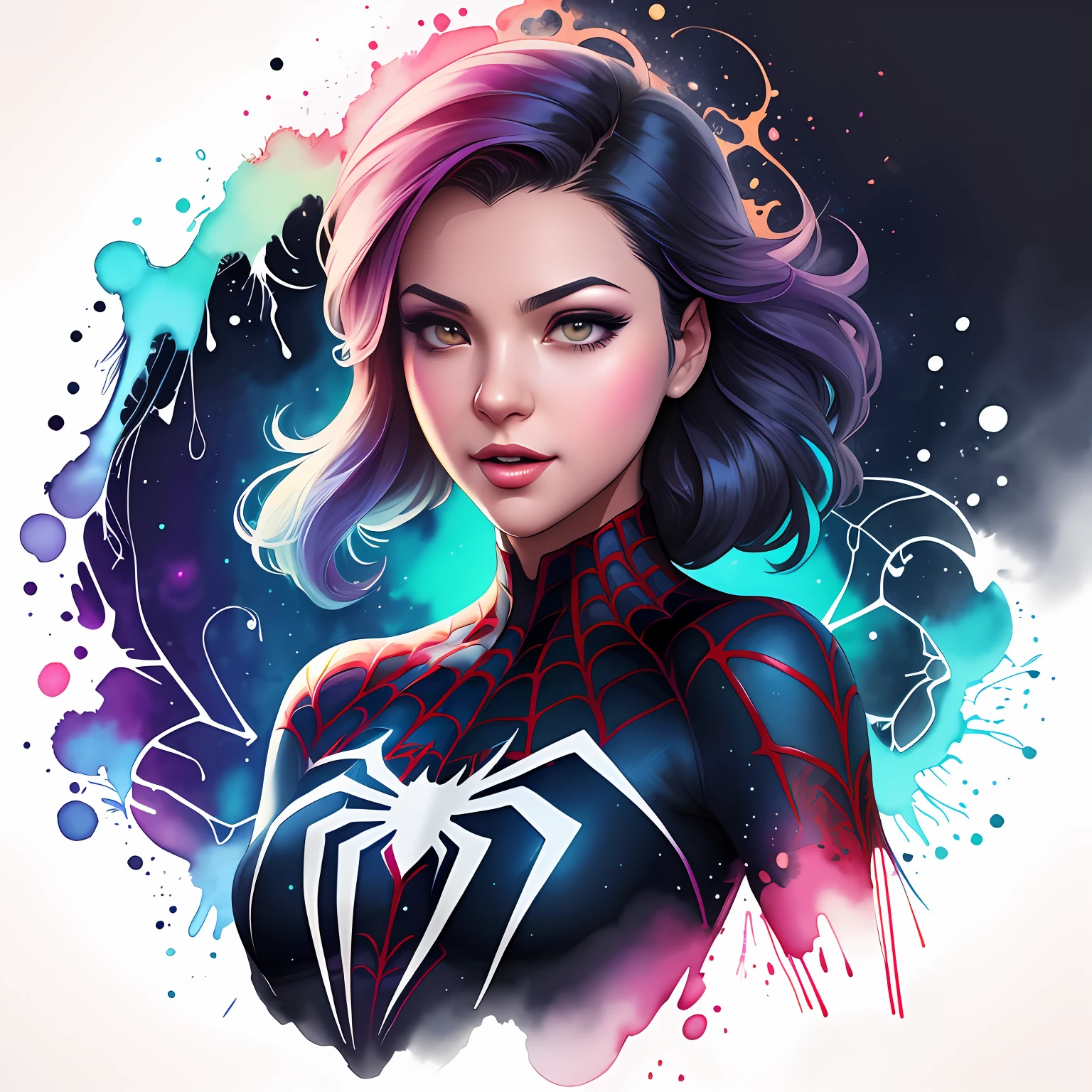 t-shirt design, centered 2D vector art, black background, watercolor splash colors, Spiderman into the Metaverse, intricately detailed clothing, gorgeous art, masterpiece, luminosity by Rembradt, art by Charlie Bowater, Adobe Illustration, Trending on Artstation, octane render , 8K, cinematic, --no duplicate character, -