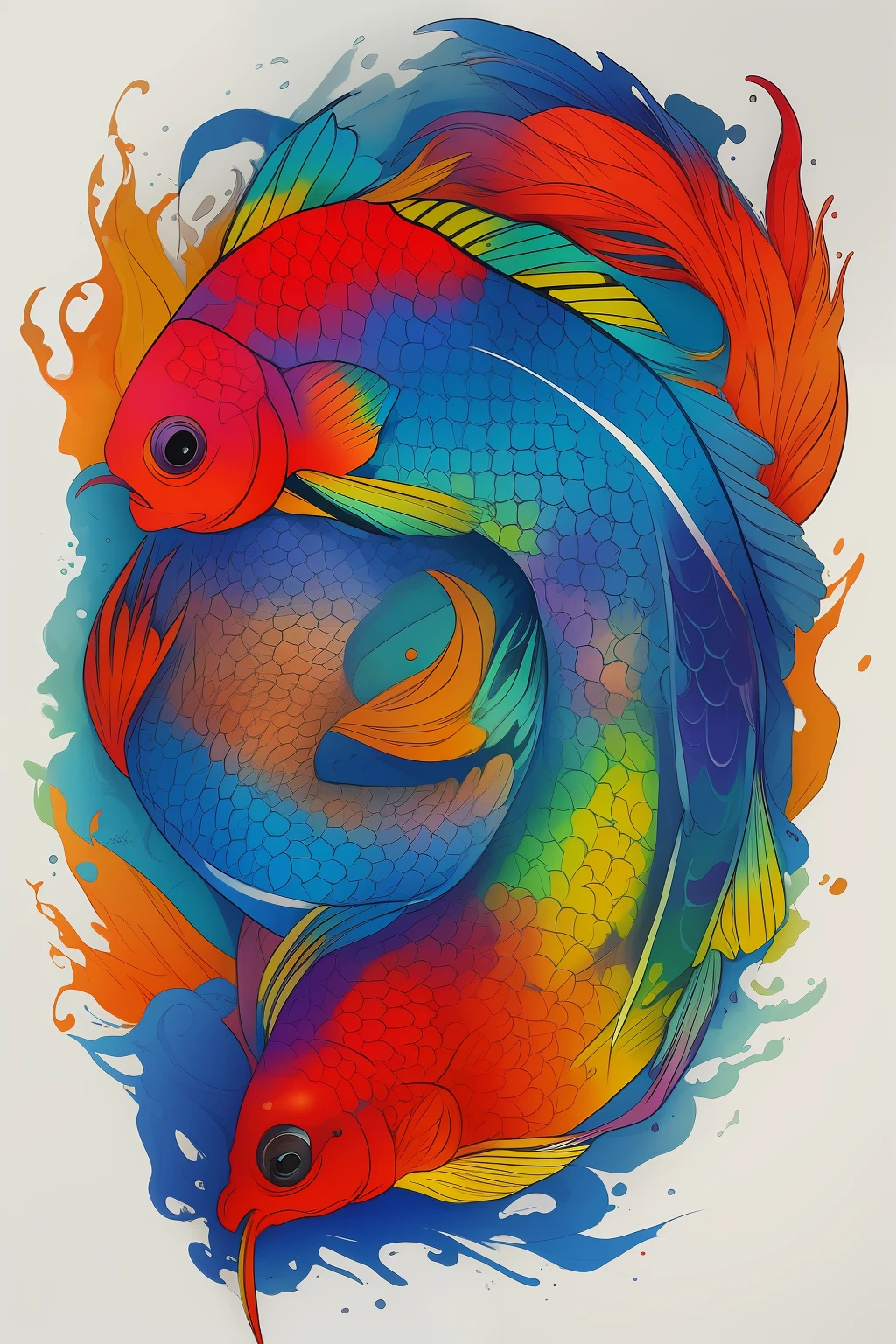 Tattoo design, carp, colorful, bold colors, simple background
