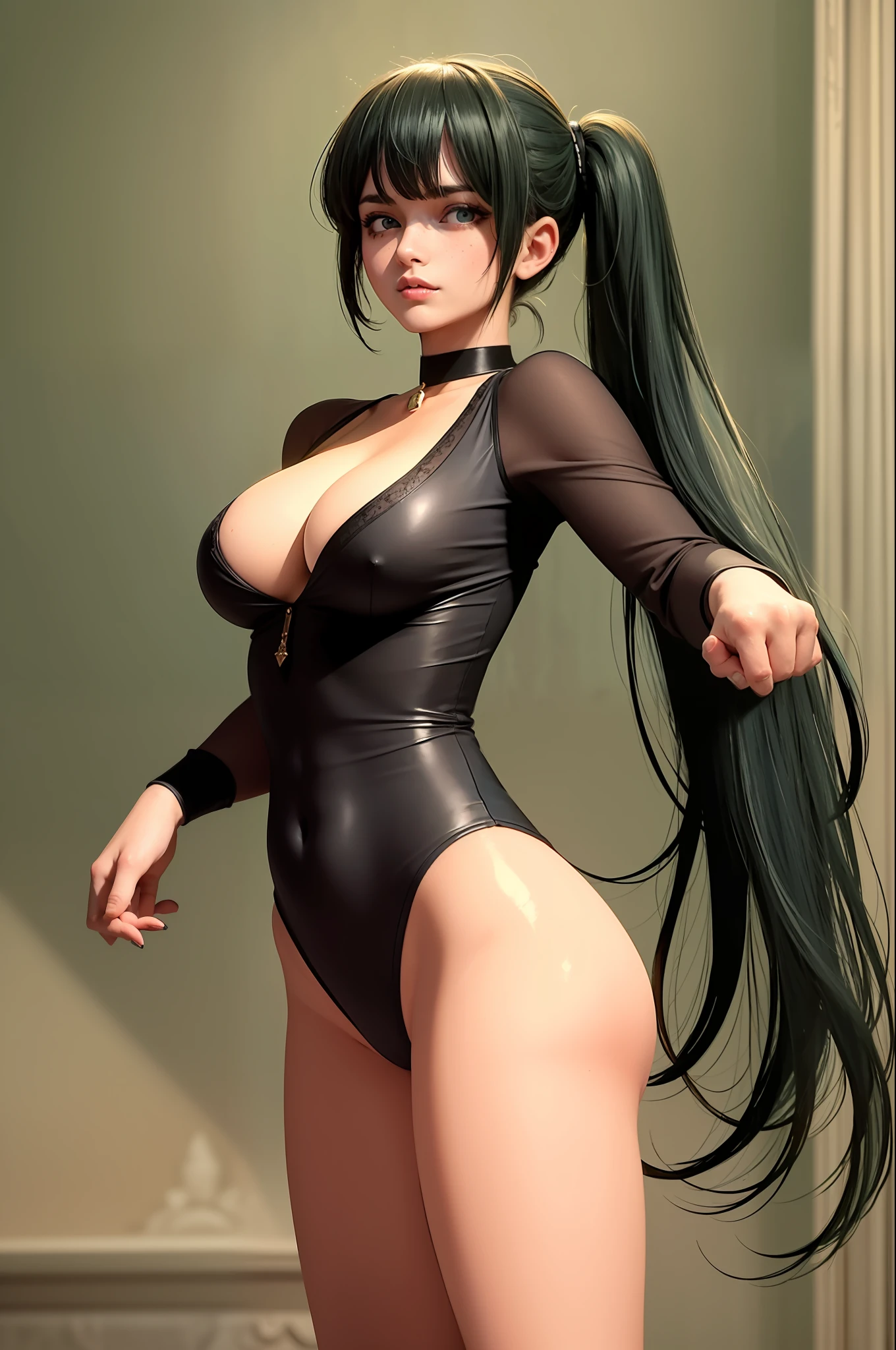 masterpiece, solo, highly detailed, ultra detailed, ultra high resolution, (photorealistic: 1333), (best quality), (best shadow), detailed, perfect lighting, dark green hair, very long hair, pigtails, [freckles on face ] , (blue eyes), choker, smoky makeup, portrait, in a royal palace bathing room, see-through wet blouse, boxer shorts