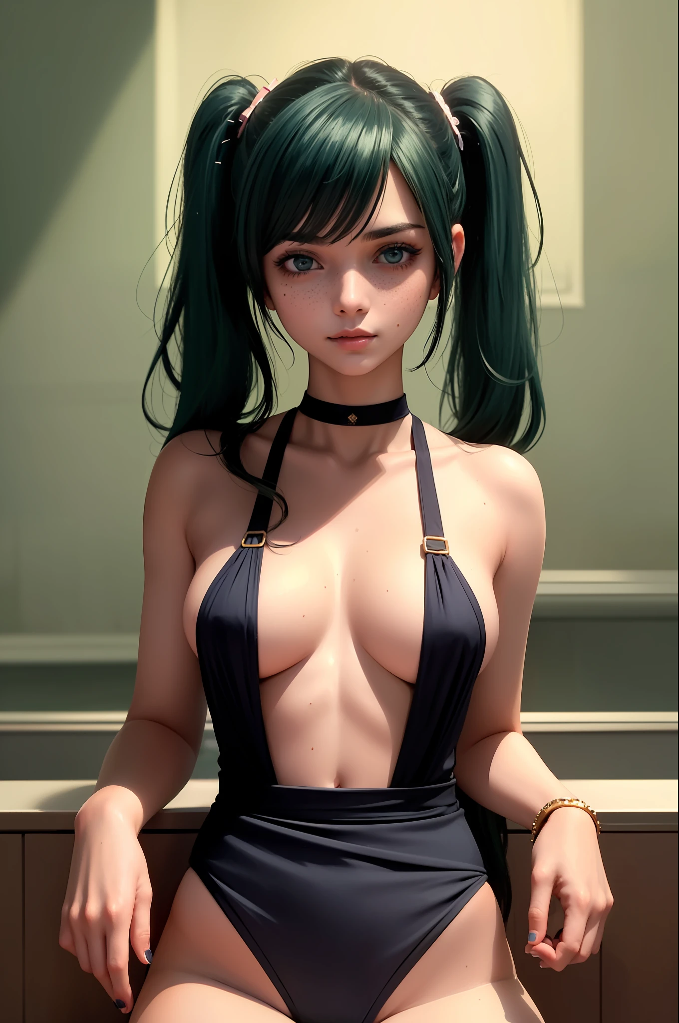 masterpiece, solo, highly detailed, ultra detailed, ultra high resolution, (photorealistic: 1333), (best quality), (best shadow), detailed, perfect lighting, dark green hair, very long hair, pigtails, [freckles on face ] , (blue eyes), choker, smoky makeup, portrait, in a royal palace bathing room, see-through wet blouse, boxer shorts