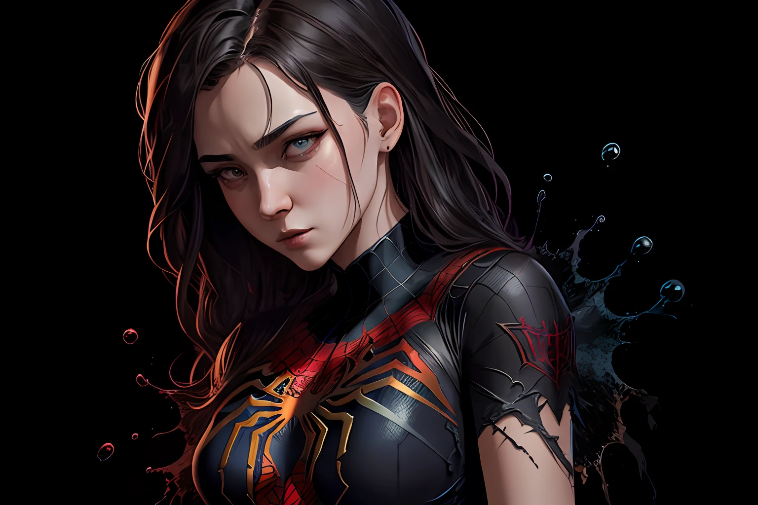 T-shirt design, centered 2D vector art, black background, splash watercolor colors, Spiderman Far From Home, intricately detailed clothing, magnificent artwork, masterpiece, luminosity by Rembradt, artwork by Charlie Bowater, Adobe Illustration, Trending on Artstation, octane render, 8K, cinematic, -