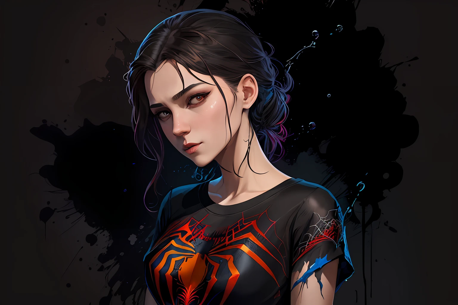 T-shirt design, centered 2D vector art, black background, splash watercolor colors, Spiderman Far From Home, intricately detailed clothing, magnificent artwork, masterpiece, luminosity by Rembradt, artwork by Charlie Bowater, Adobe Illustration, Trending on Artstation, octane render, 8K, cinematic, -