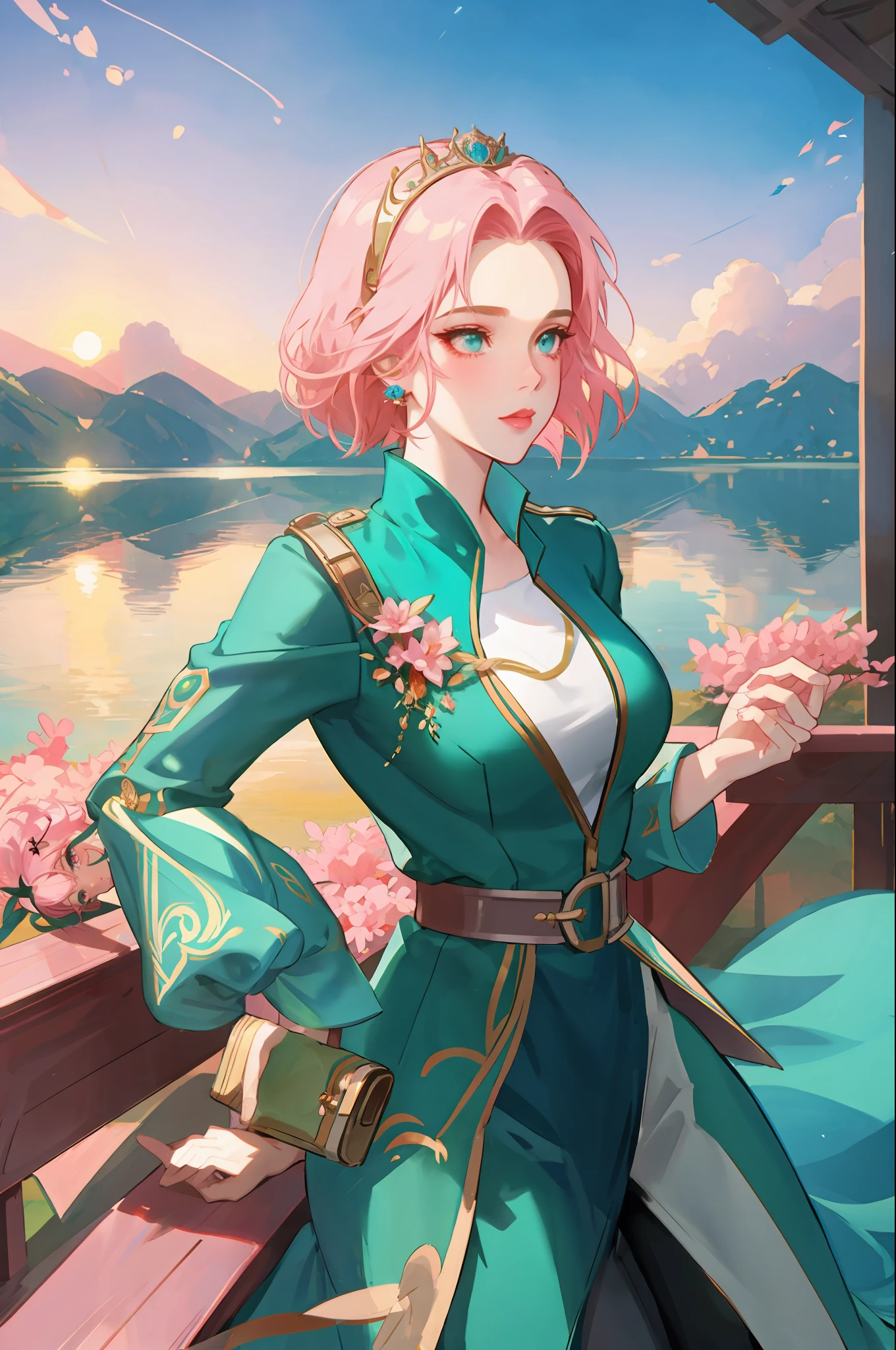 princess, beautiful woman, seductress, standing next to a lake, sensual eyes, green dress, forehead showing, symbol on forehead, pink hair, delicate, short hair, full body, open arms, light on face, by League of Legends, trending on artstation, by rhads, andreas Rocha, rossdraws, makoto shinkai, laurie greasley, lois van baarle, ilya kuvshinov and greg rutkowski