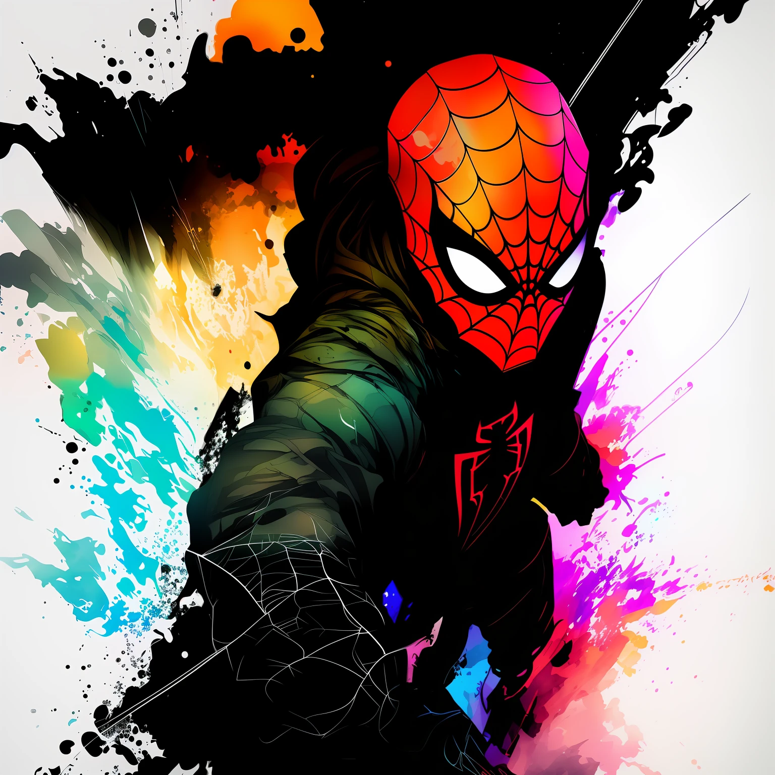 t-shirt design, centered 2D vector art, black background, watercolor splash colors, Spiderman , intricately detailed clothing, gorgeous art, masterpiece, luminosity by Rembradt, art by Charlie Bowater, Adobe Illustration, Trending on Artstation, octane render , 8K, cinematic, --no duplicate character, -