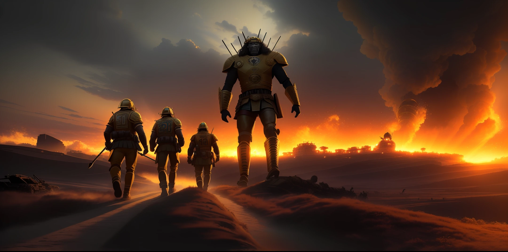 (((Masterpiece))), ((golden hour)), Alexander the Great in a bengals uniform holding a charge with his phalanx against an army of fallout super mutant gorilla hybrids, epic wide angle, angle from below