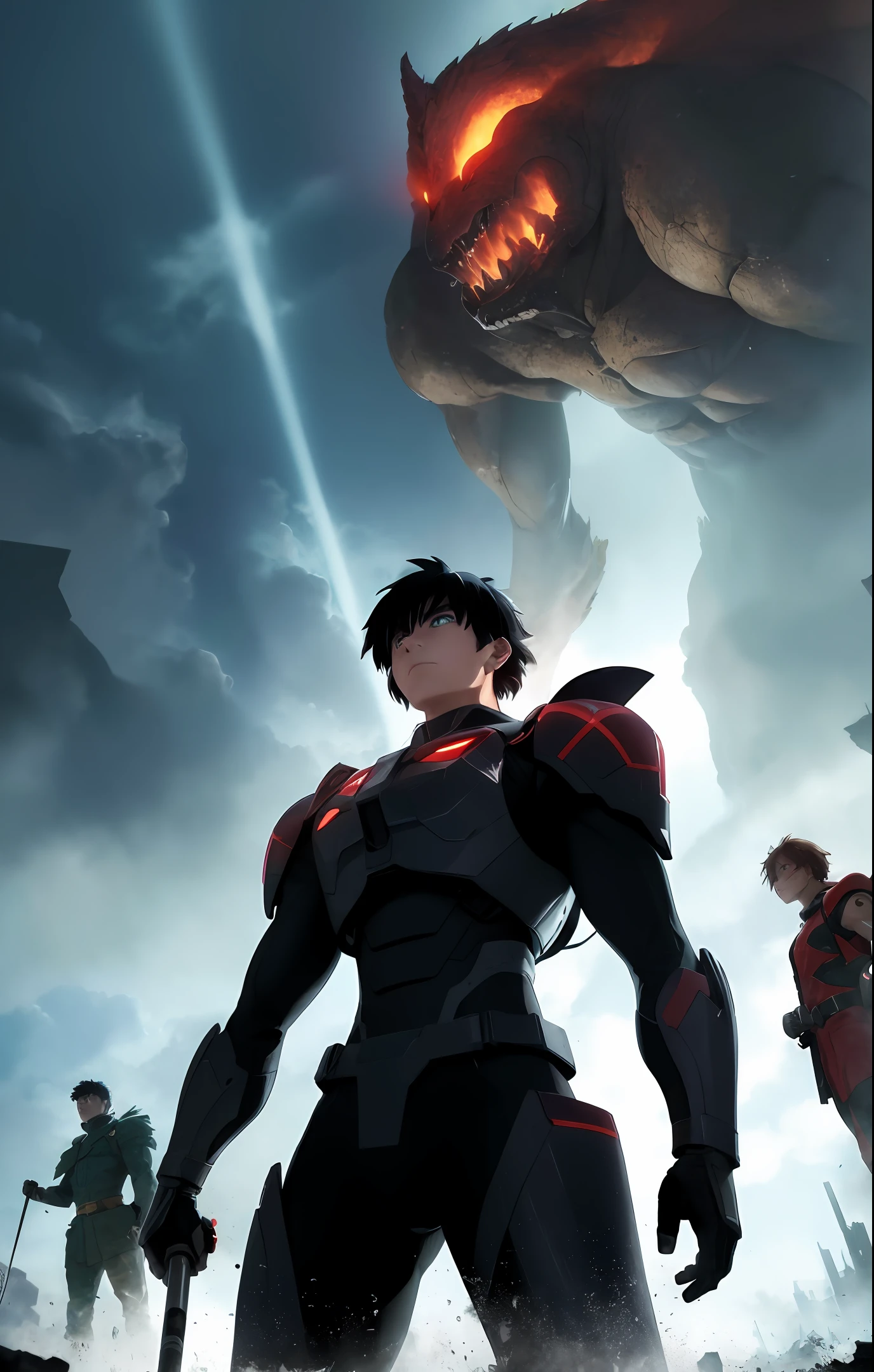 raw photo, a group of young heroes fight giant monsters in a devastated city. the art style is digital manga inspired by hiroyuki imaishi. the setting is a crumbling metropolis with collapsed buildings and smoke. the color tone is vibrant and saturated, with a mix of bright and contrasting colors. the heroes' faces show determination and courage as they use their powers to face the monsters. the lighting is intense, with rays of sunlight penetrating through the clouds, creating an atmosphere of action and heroism. --v 5 --stylize 1000