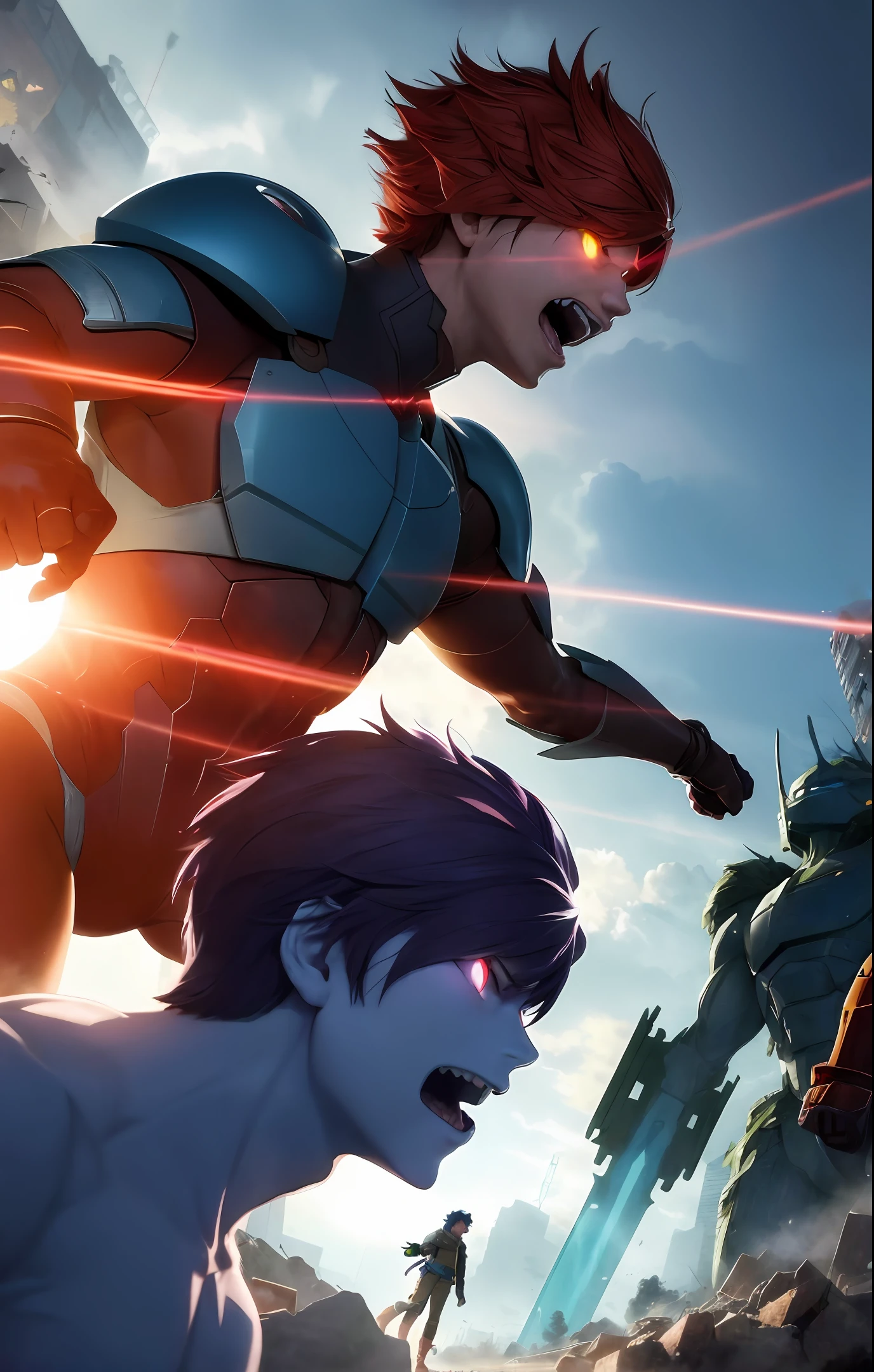 raw photo, a group of young heroes fight giant monsters in a devastated city. the art style is digital manga inspired by hiroyuki imaishi. the setting is a crumbling metropolis with collapsed buildings and smoke. the color tone is vibrant and saturated, with a mix of bright and contrasting colors. the heroes' faces show determination and courage as they use their powers to face the monsters. the lighting is intense, with rays of sunlight penetrating through the clouds, creating an atmosphere of action and heroism. --v 5 --stylize 1000