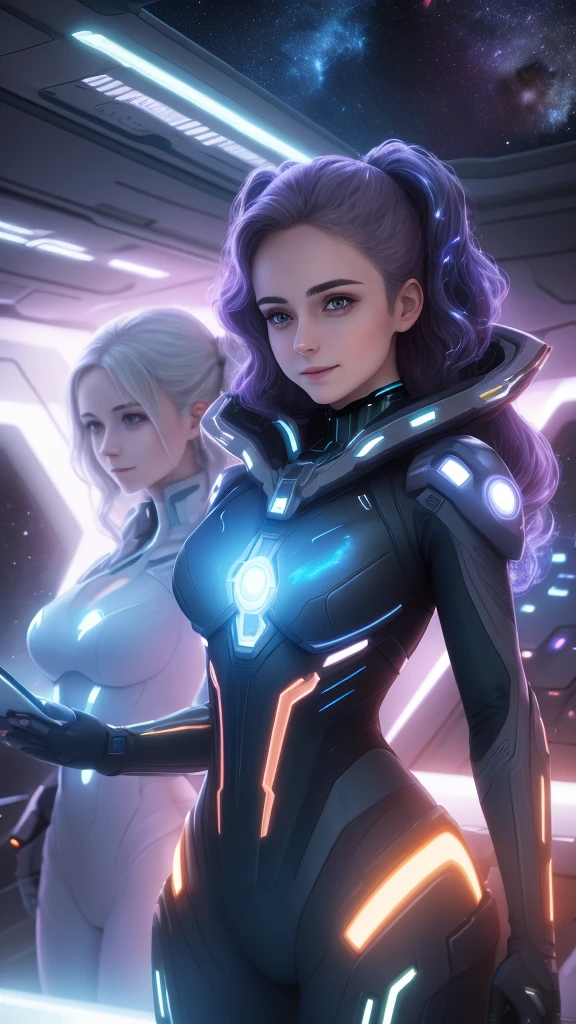 europeans in tech suits, happy, (backlit hair:0.5),(glow:0.3),(cleavage:0.8),spaceship,nebula,sexy pose,highly detailed