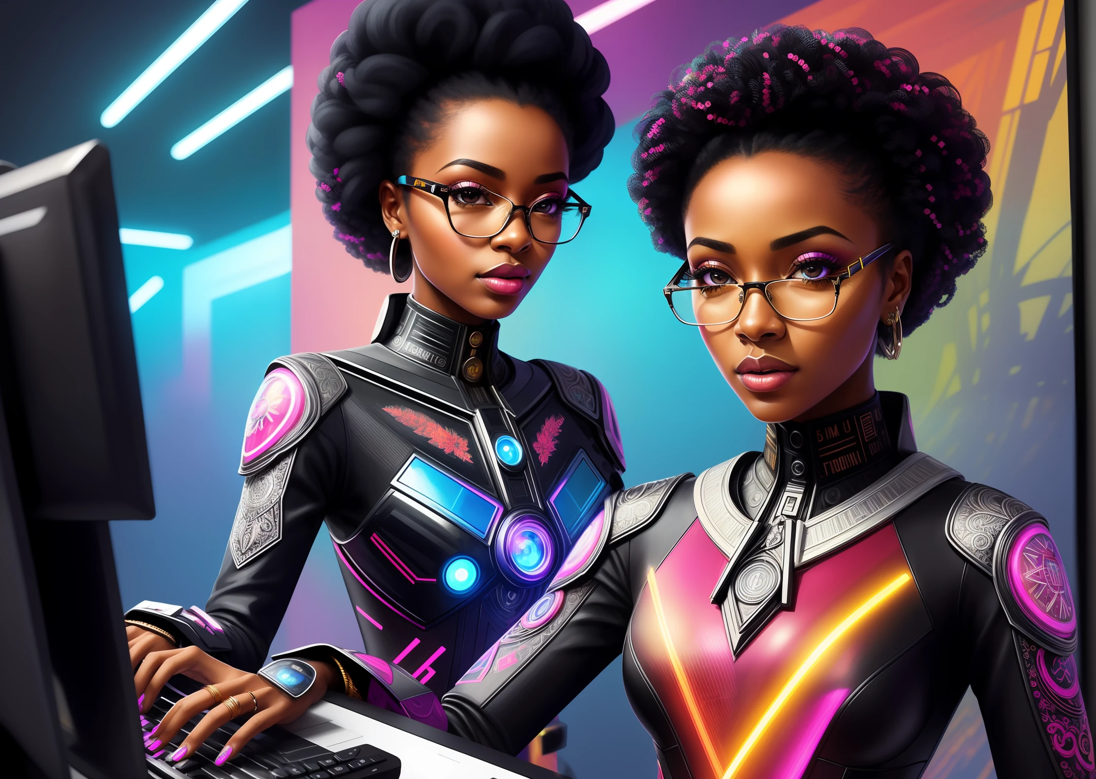HQ vintage art style, (hyper detailed), (masterpiece), vivid colors, futuristic black woman using artificial intelligence and typing on computer, intricate and realistic details, perfect hands, vibrant and flashy eyes, clothes with magnificent details, Adobe Illustration , Trending on Artstation, 50mm bifocal lens, luminosity by Rembradt, art by Charlie Bogate-variation