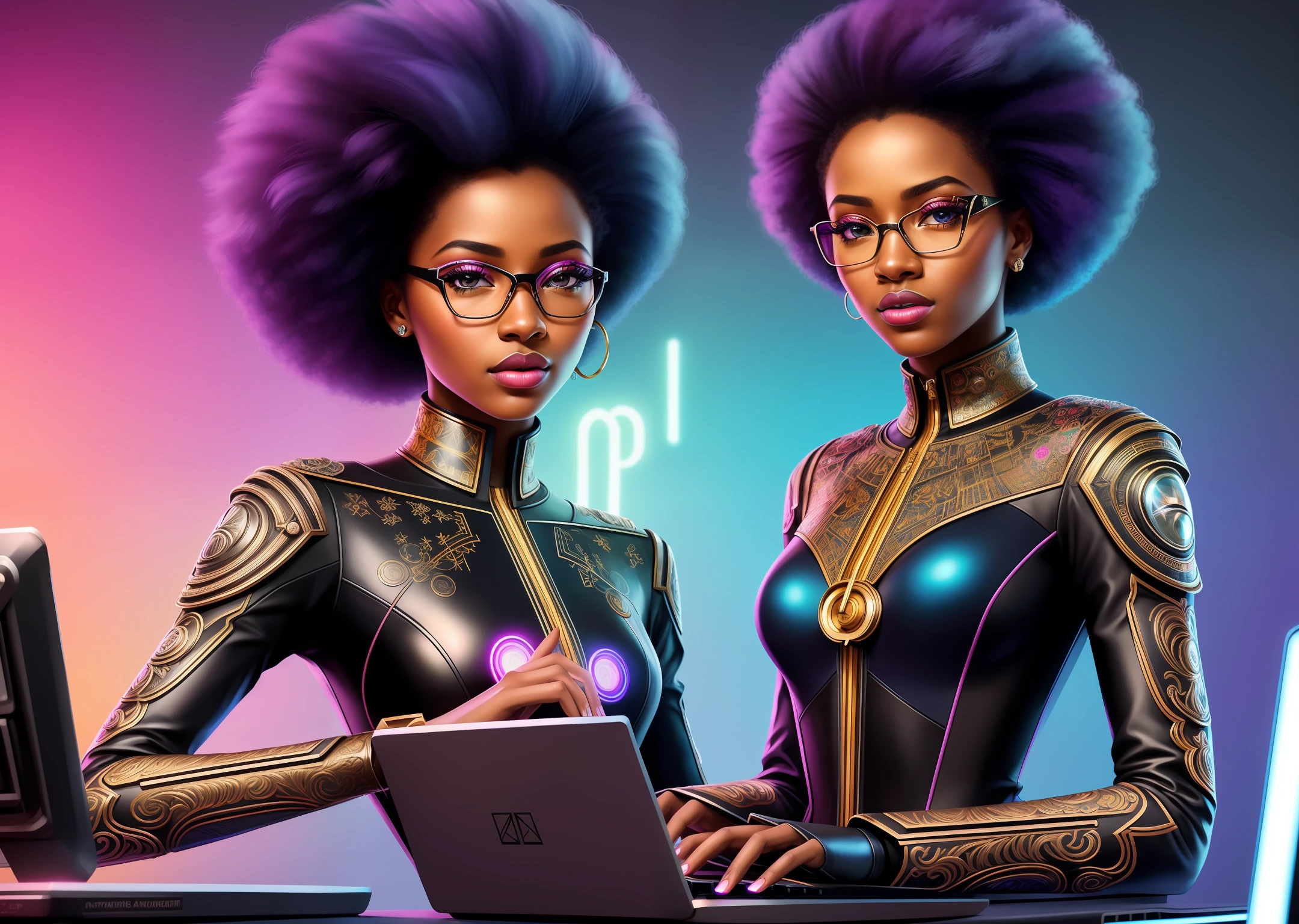 HQ vintage art style, (hyper detailed), (masterpiece), vivid colors, futuristic black woman using artificial intelligence and typing on computer, intricate and realistic details, perfect hands, vibrant and flashy eyes, clothes with magnificent details, Adobe Illustration , Trending on Artstation, 50mm bifocal lens, luminosity by Rembradt, art by Charlie Bogate-variation