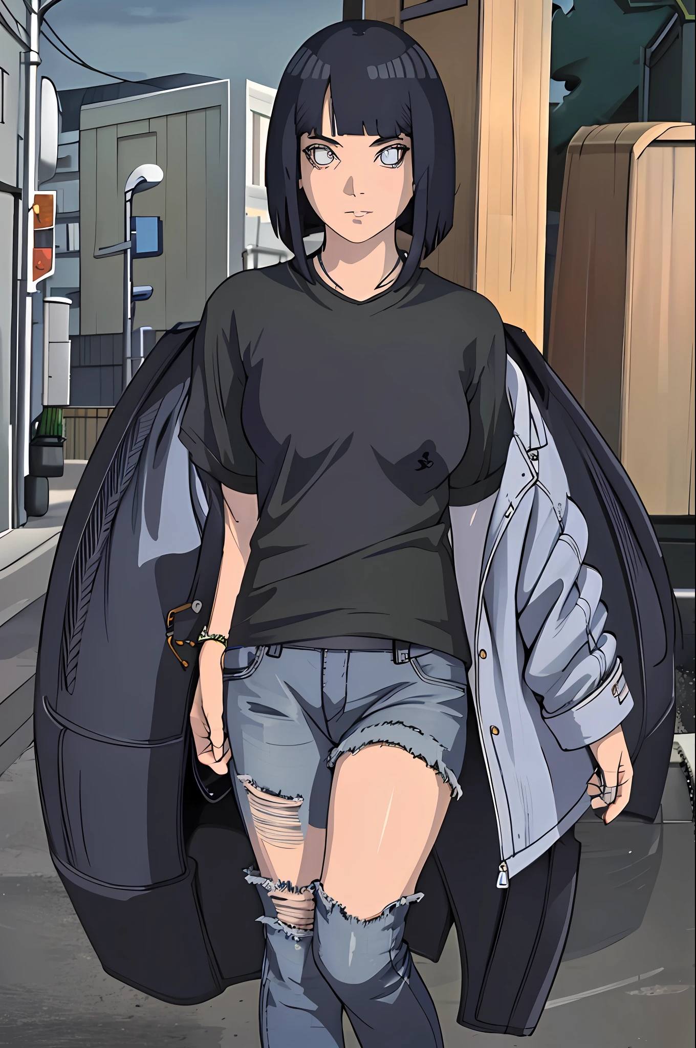 "Ultra-detailed CG rendering of a solitary girl with short ponytailed dark blue hair and piercing eyes, standing confidently over a cool black t-shirt, denim jeans, and sneakers in a dimly lit parking lot at night, conveying a smug expression."