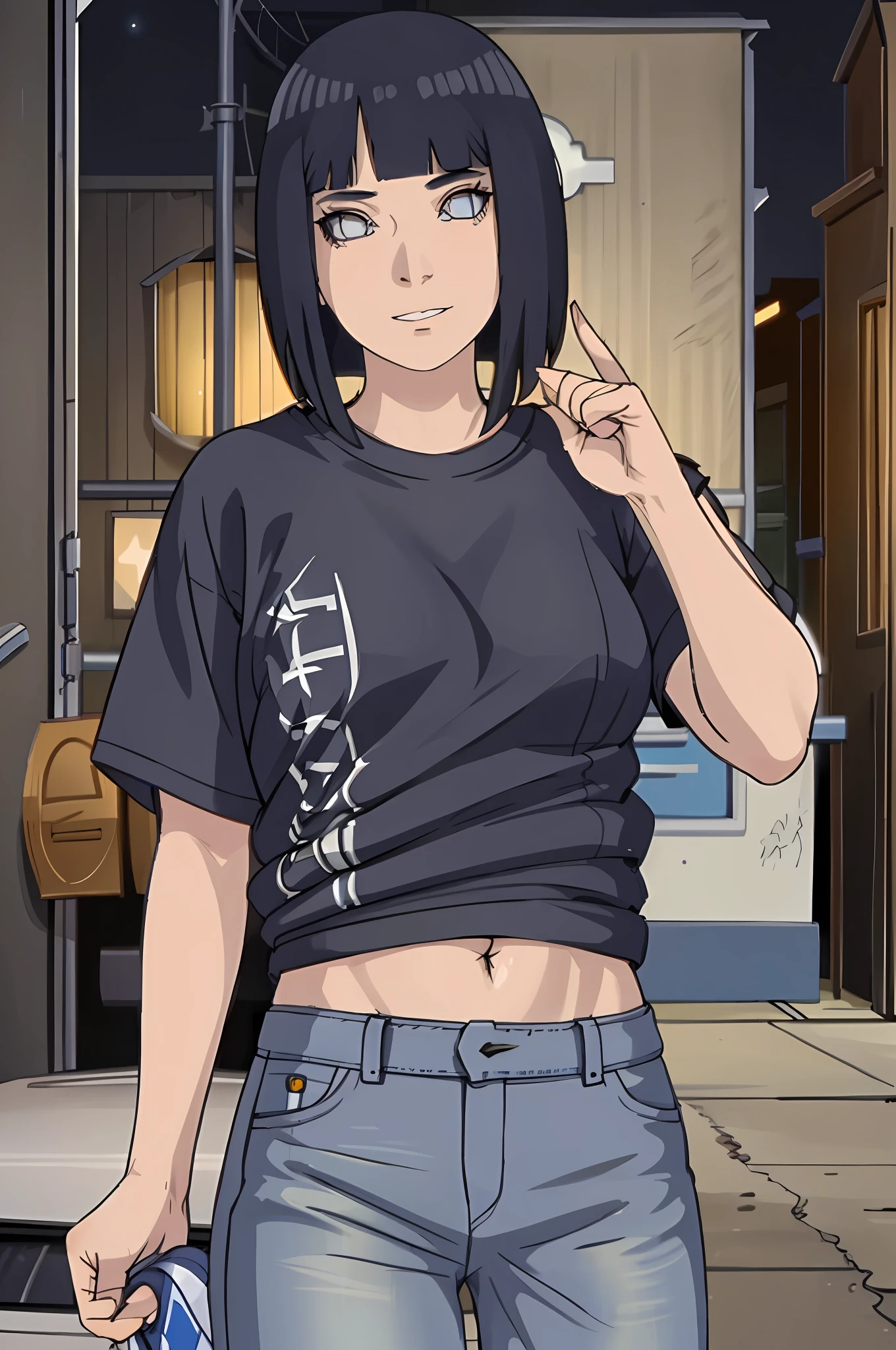 "Ultra-detailed CG rendering of a solitary girl with short ponytailed dark blue hair and piercing eyes, standing confidently over a cool t-shirt, denim jeans, and sneakers in a dimly lit parking lot at night, conveying a smug expression."