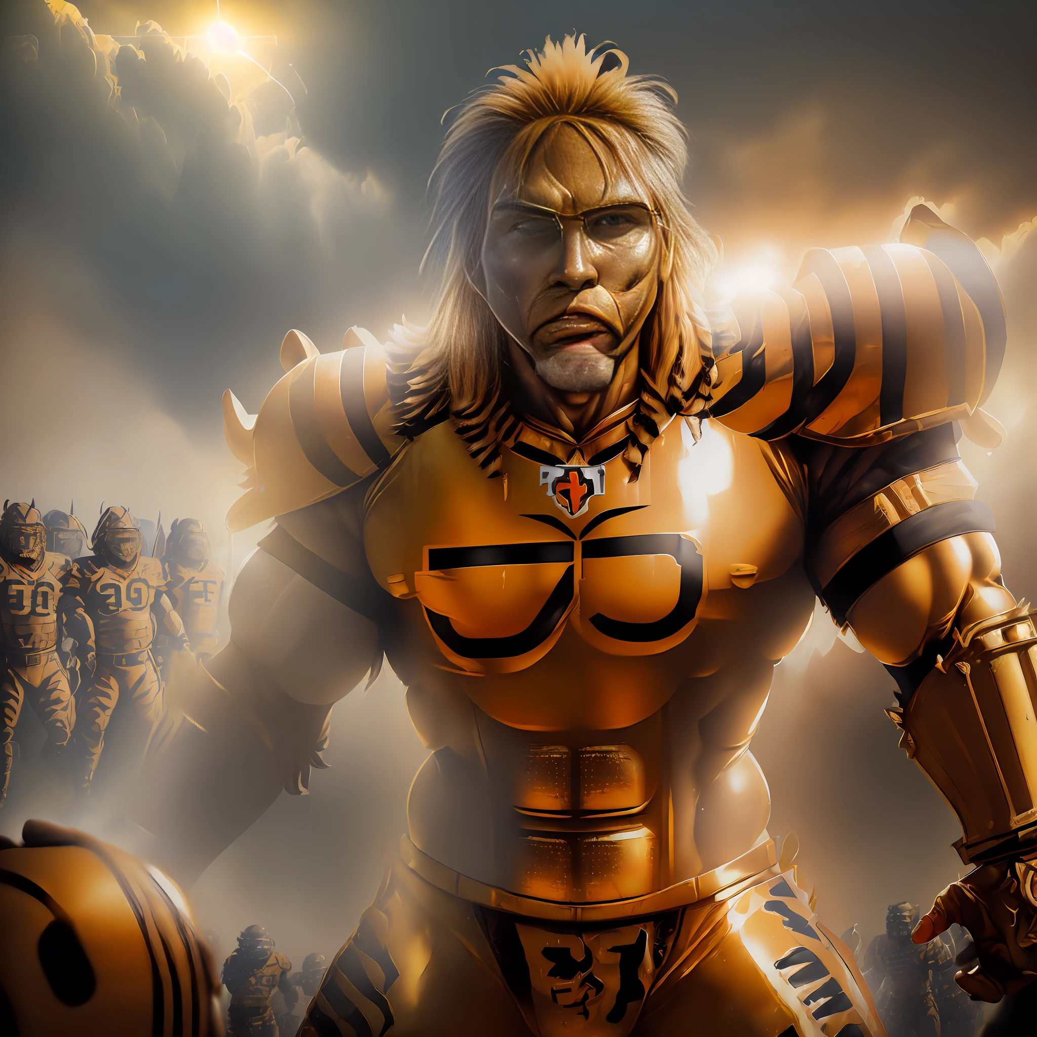 (((Masterpiece))), ((golden hour)), (((Alexander the Great in a bengals uniform fashioned into golden armor holding a charge with his phalanx against an army of fallout super mutant gorilla hybrids)),epic wide angle, angle from below, ((post apocalyptic wasteland)), ((located in post apocalyptic bengals football stadium)), war, death, dynamic lens, dynamic lighting, hires, ultrarealistic, medieval war