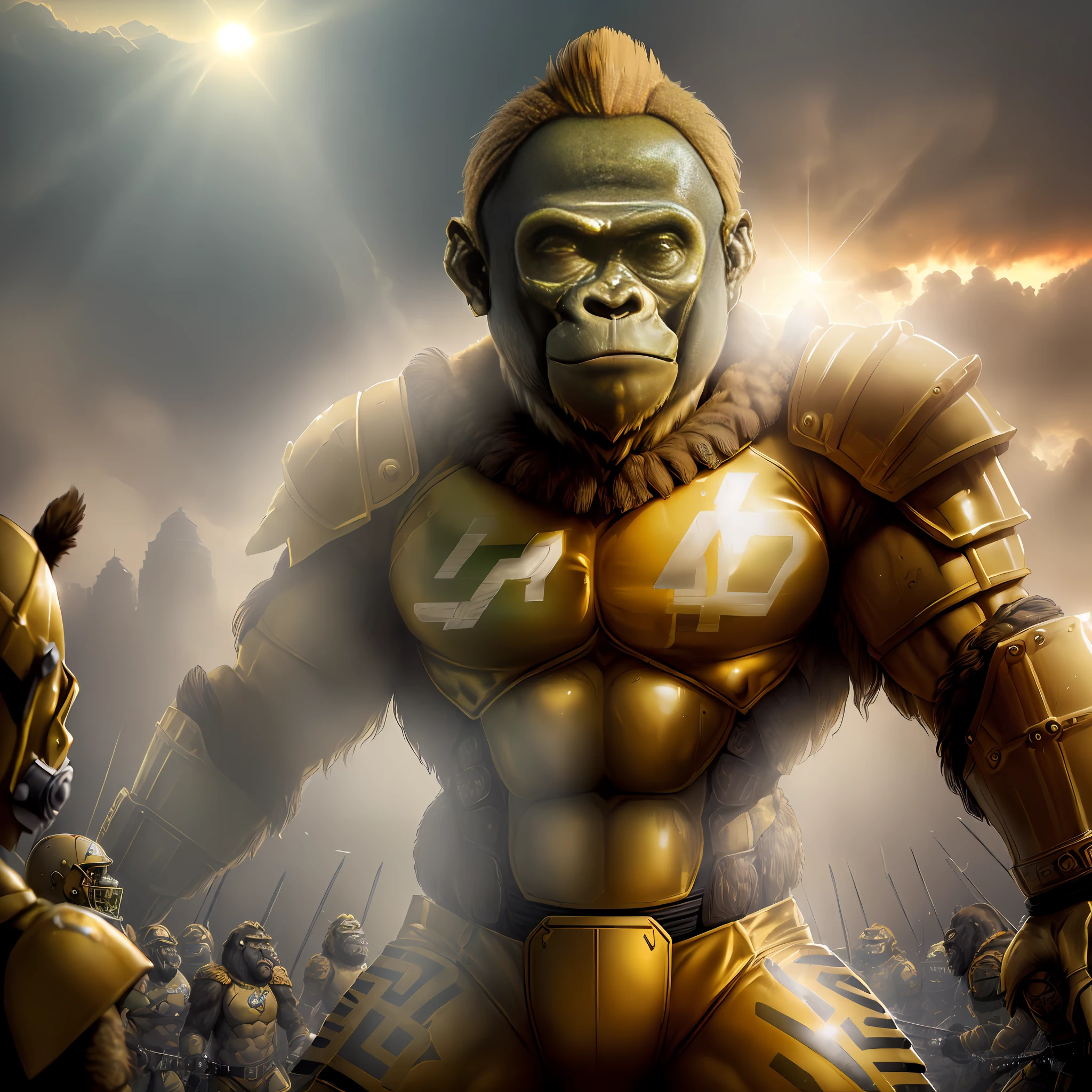 (((Masterpiece))), ((golden hour)), (((Alexander the Great in a bengals uniform fashioned into golden armor holding a charge with his phalanx against an army of fallout super mutant gorilla hybrids)),epic wide angle, angle from below, ((post apocalyptic wasteland)), ((located in post apocalyptic bengals football stadium)), war, death, dynamic lens, dynamic lighting, hires, ultrarealistic, medieval war, ((hoplite army battles super mutant gorillas))