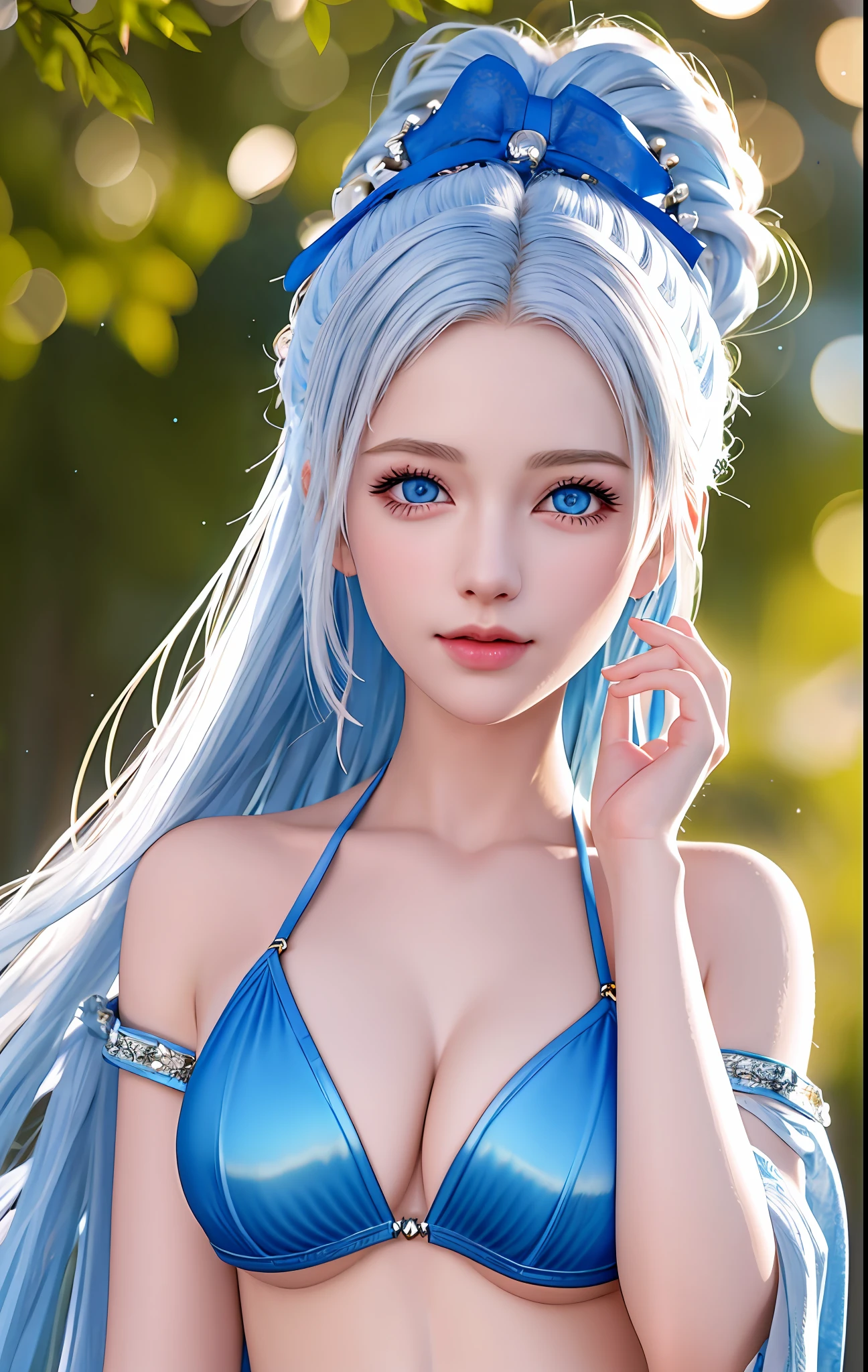 best quality, masterpiece, high_res, 1girl, Beautiful face, (blue eyes), (white hair), (photo realistic:1.3), rim lighting, (high detailed skin:1.2), 8k uhd, dslr, high quality, high resolution, 4k, 8k, Bokeh, medium breasts, absurdres, ponytail, best ratio four finger and one thumb, (realistic:1.2), arms up, miniature microbikini.