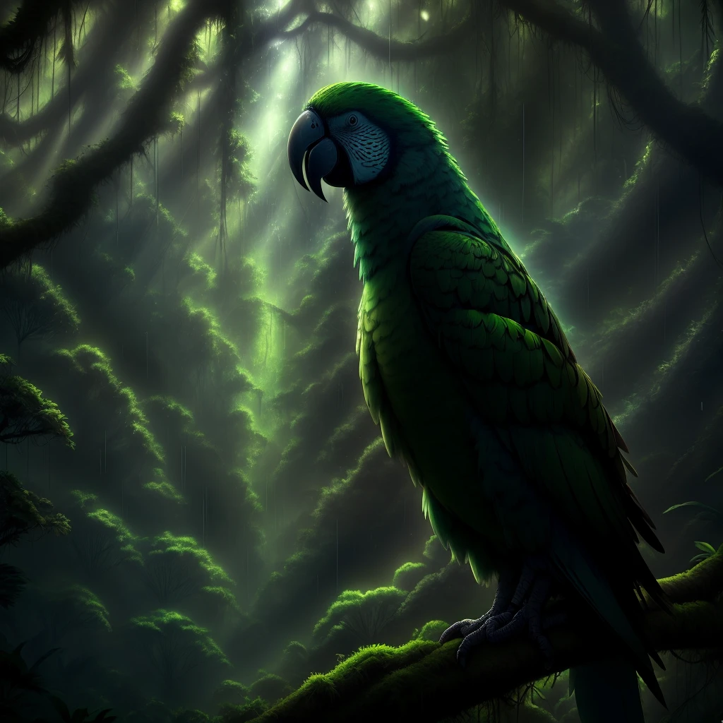 A green parrot in a forest, raining, sunlight, ultra realistic