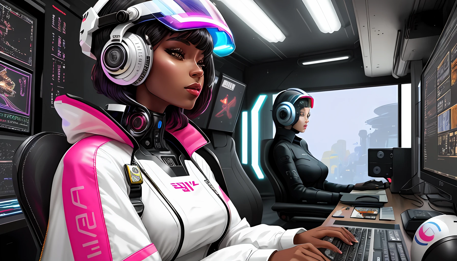 HQ vintage art style, (hyper detailed), (masterpiece), vivid colors, 1 futuristic black woman and 1 white woman wearing artificial intelligence and helmet and typing on computer, intricate and realistic details, perfect hands, vibrant and flashy eyes, gorgeously detailed clothing, Adobe Illustration, Trending on Artstation, 50mm bifocal lens, lighting by Rembradt, art by Charli1e Bogate-variation