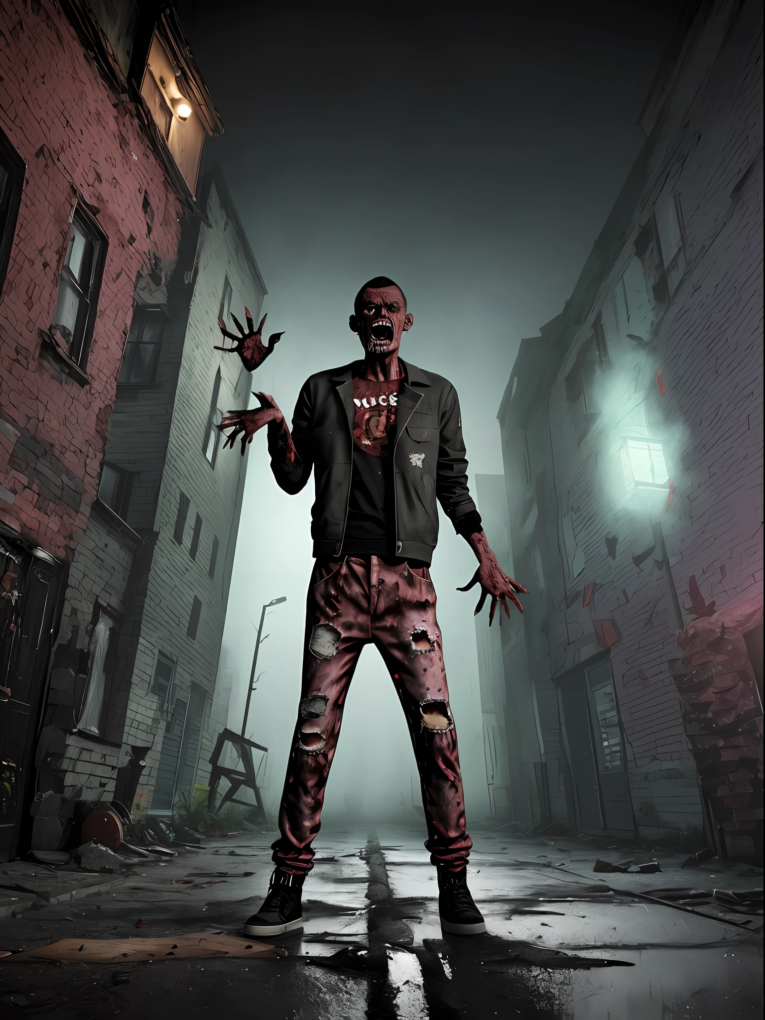 guttonerdvision3, realistic image of a zombie dancing as if it were in Michael Jackson's Thriller music video. The zombie's face is well detailed with his bruises and wounds, his pants are torn and dirty and he is wearing a red jacket. The dancers behind are zombies with torn clothes and bruised skin. Messy hair. The scene is of a street with fog and houses in ruins, very dark night. lighting contrasting with the fog, tombs, floor with hole and zombie hand coming out of the hole. hyper realistic 8k image