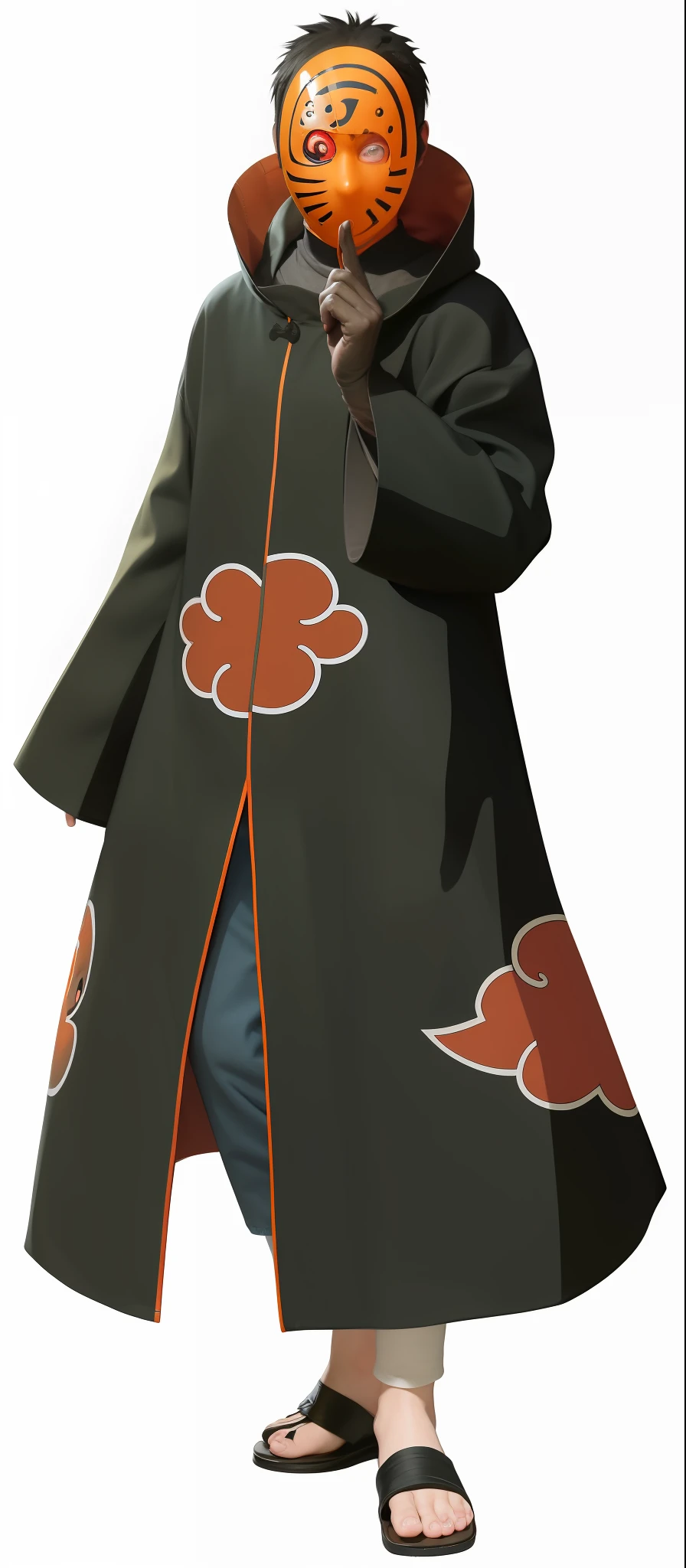 best quality, masterpiece, (realistic: 1.2), 1 man, real life, live action, blue jeans, blue pants, black hair, Naruto Shippuden, Tobi, Obito, walking, facing front, looking at screen, orange mask , spiral mask, black robe, red clouds, Akatsuki, Akatsuki robe