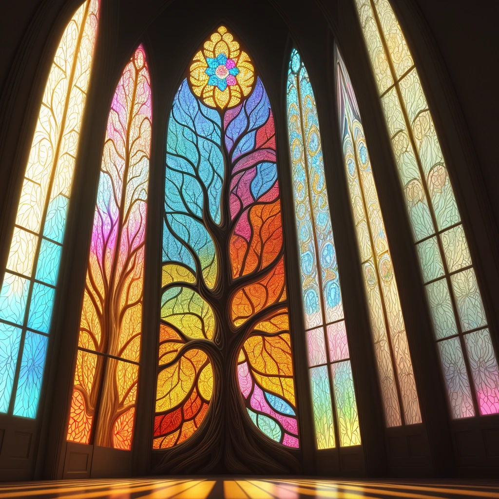a stained glass window of a colorful tree, intricate, psychedelic art, monochrome, elegant, highly detailed, digital painting, sharp focus, golden ratio, unreal engine 5