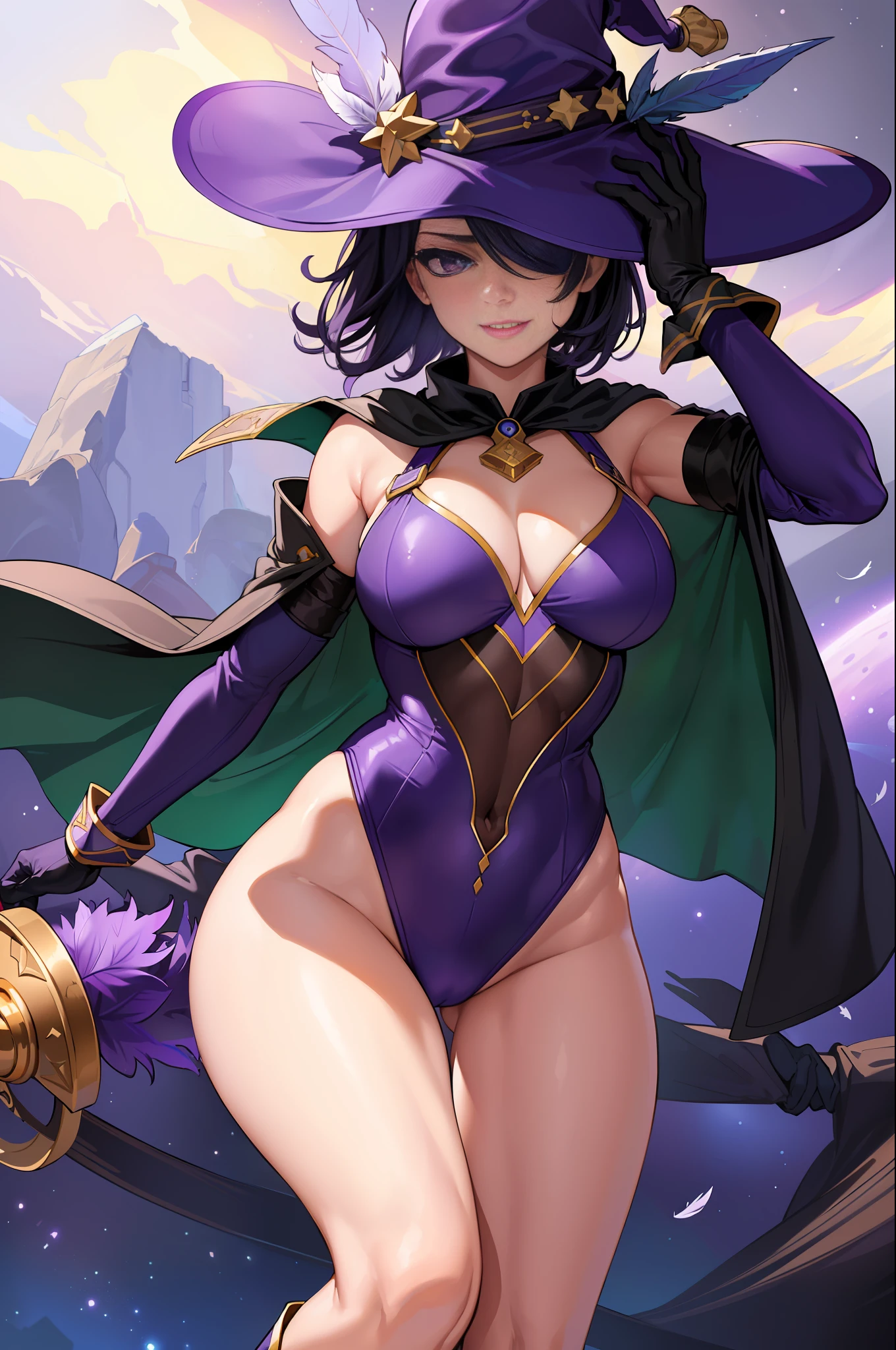 (masterpiece, best quality, high quality, highres:1.4), detailed, extremely detailed, ambient soft lighting, 4K, 1girl, (mature female, milf:1.2), (short hair, black hair, hair over one eye:1.3), (purple eyes, confident smirk:1.2), small breasts, (edgmousquetaire, costume, gloves, cape, boots, pirate, space pirate, matching boots, matching gloves, large hat, purple hat, feather on hat, wearing edgmousquetaire, leotard, purple leotard), hand on hips, confident pose, outer space backdrop, bare legs, (power, aura, purple aura),