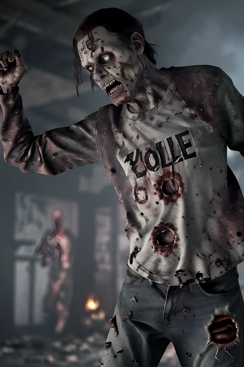 guttonerdvision3, realistic image of a zombie dancing as if it were in Michael Jackson's Thriller music video. The zombie's face is well detailed with his bruises and wounds, his pants are torn and dirty and he is wearing a red jacket. The dancers behind are zombies with torn clothes and bruised skin. Messy hair. The scene is of a street with fog and houses in ruins, very dark night. lighting contrasting with the fog, tombs, floor with hole and zombie hand coming out of the hole. extremely realistic 8k image