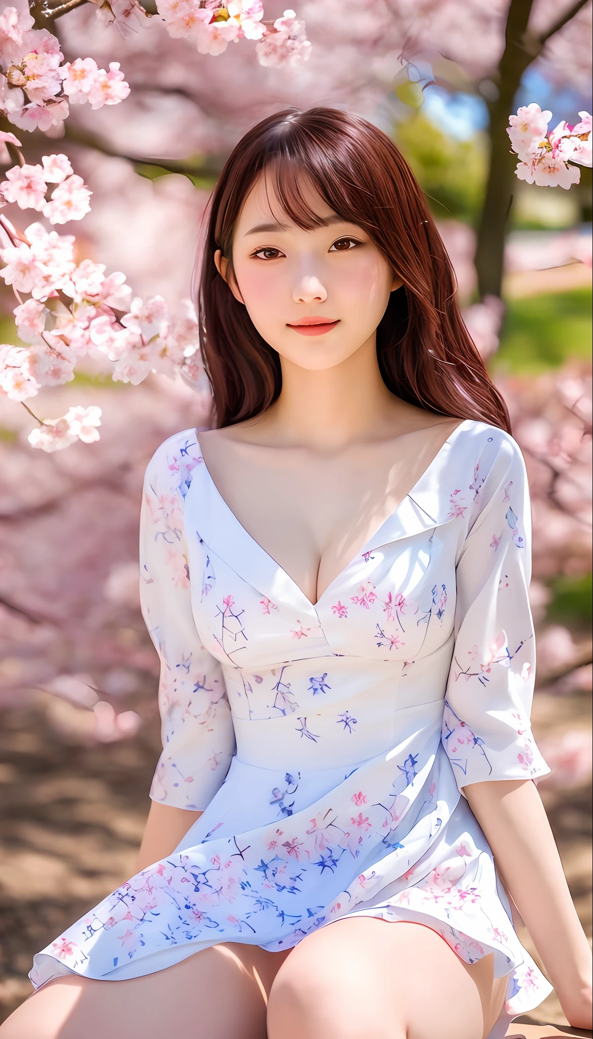 masterpiece, top quality, girl in sexy komino dress sitting, under the cherry blossom tree, with strong japanese culuture, left hand holding kitsune mask, effective use of light and shadow, realistic, life-like very realistic, zentangle,