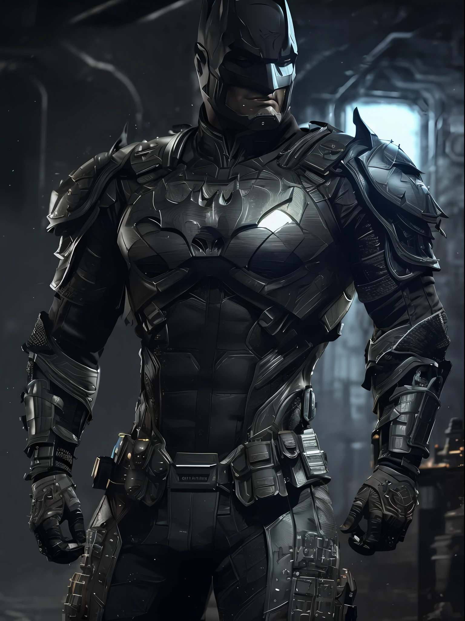 3d render of a highly detailed [Batman|Cyborg] wearing cybernetics and intricate detail armor with armored plates, hdr, 8k, subsurface scattering, specular light, highres, octane render, ray traced