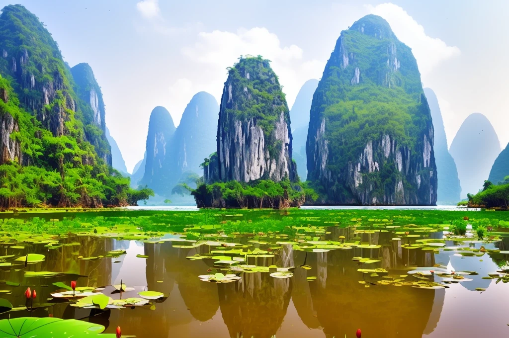 arafed view of a mountain range with a lake and lily pads, karst landscape, chinese landscape, jungles of vietnam beautiful, karst pillars forest, floating mountains, majestic nature scenery, stunning scenery, karst landscape ; wide shot, stunning nature in background, incredibly beautiful, natural landscape beauty, very beautiful scenery, breathtaking scenery, lotus flowers on the water