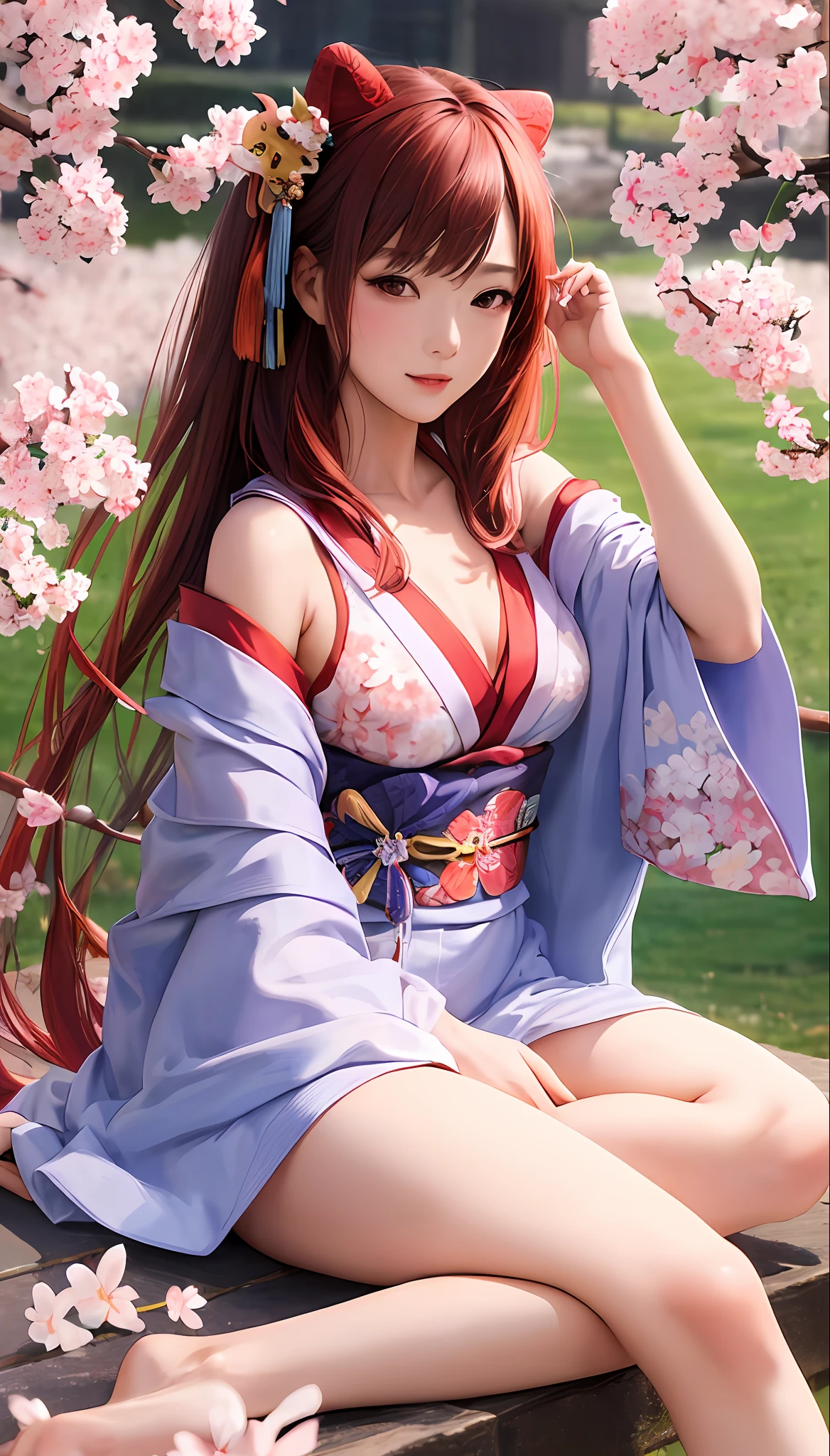 masterpiece, top quality, girl in sexy komino dress sitting, under the cherry blossom tree, with strong japanese culuture, left hand holding kitsune mask, effective use of light and shadow, realistic, life-like very realistic, zentangle,