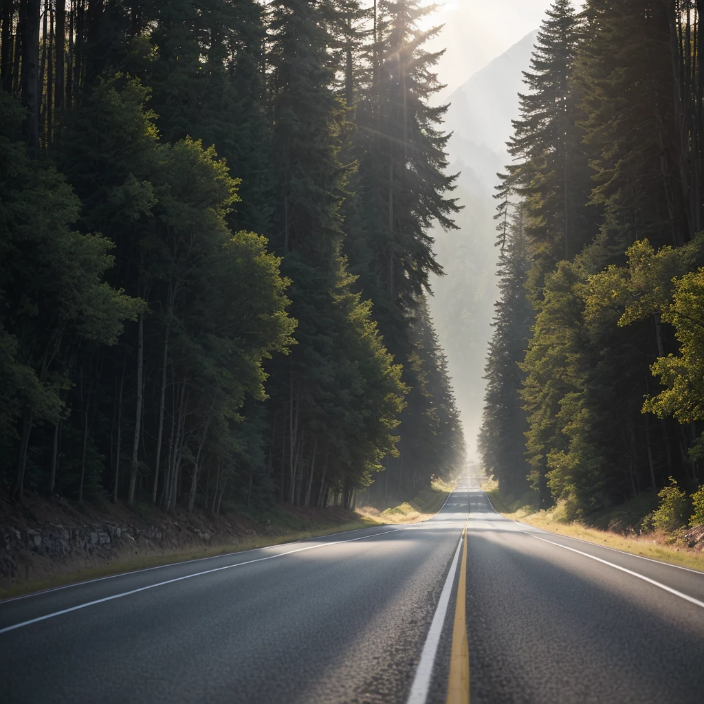 In the photo, we are immersed in a breathtaking landscape, where a road stretches as far as the eye can see. The perfectly paved road winds its way through hills, mountains or vast open fields, creating a sense of mystery and adventure. Lighting is crucial to the atmosphere of the image. The sun is setting over the horizon, creating a soft golden light that bathes the road. The sun&#39;s rays break through nearby trees or hills, casting elongated shadows across the path, adding depth and mystery to the scene. Every detail of the road is captured with incredible precision. Asphalt has a realistic texture, with small cracks, tire tracks and even subtle reflections. Carriages and road signs are clear, creating an authentic feel. However, it&#39;s the inexplicable vibe that makes this photo truly intriguing. Maybe it&#39;s the air of loneliness and isolation, or the sense of endless possibilities that the road represents. There is a mysterious aura, a feeling that this road holds secrets and untold stories. The composition of the image is carefully planned, highlighting the perspective of the road. The vanishing point on the horizon increases the sense of depth and invites us to explore the unknown beyond the curve. This realistic and detailed 4K photo of a road captures the imposing beauty and inexplicable vibe of this lonely road. It is an image that evokes a sense of adventure, freedom and contemplation, inviting you to immerse yourself in a journey full of possibilities and mysteries.