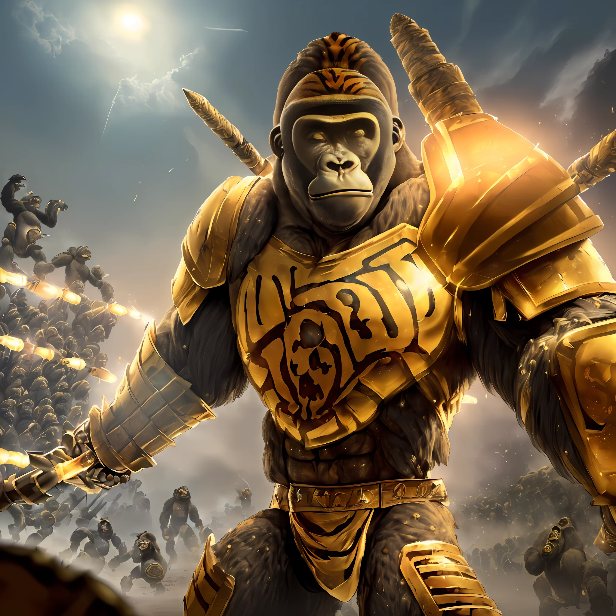 (((Masterpiece))), ((golden hour)), (((Alexander the Great in a bengals uniform fashioned into golden armor holding a charge with his phalanx against an army of fallout super mutant gorilla hybrids)),epic wide angle, angle from below, ((post apocalyptic wasteland)), ((located in post apocalyptic bengals football stadium)), war, death, dynamic lens, dynamic lighting, hires, ultrarealistic, medieval war,(((( redraw this image but with a massive hoplite phalanx taking a charge from super-mutant gorillas)))), (((colorful))), photorealistic