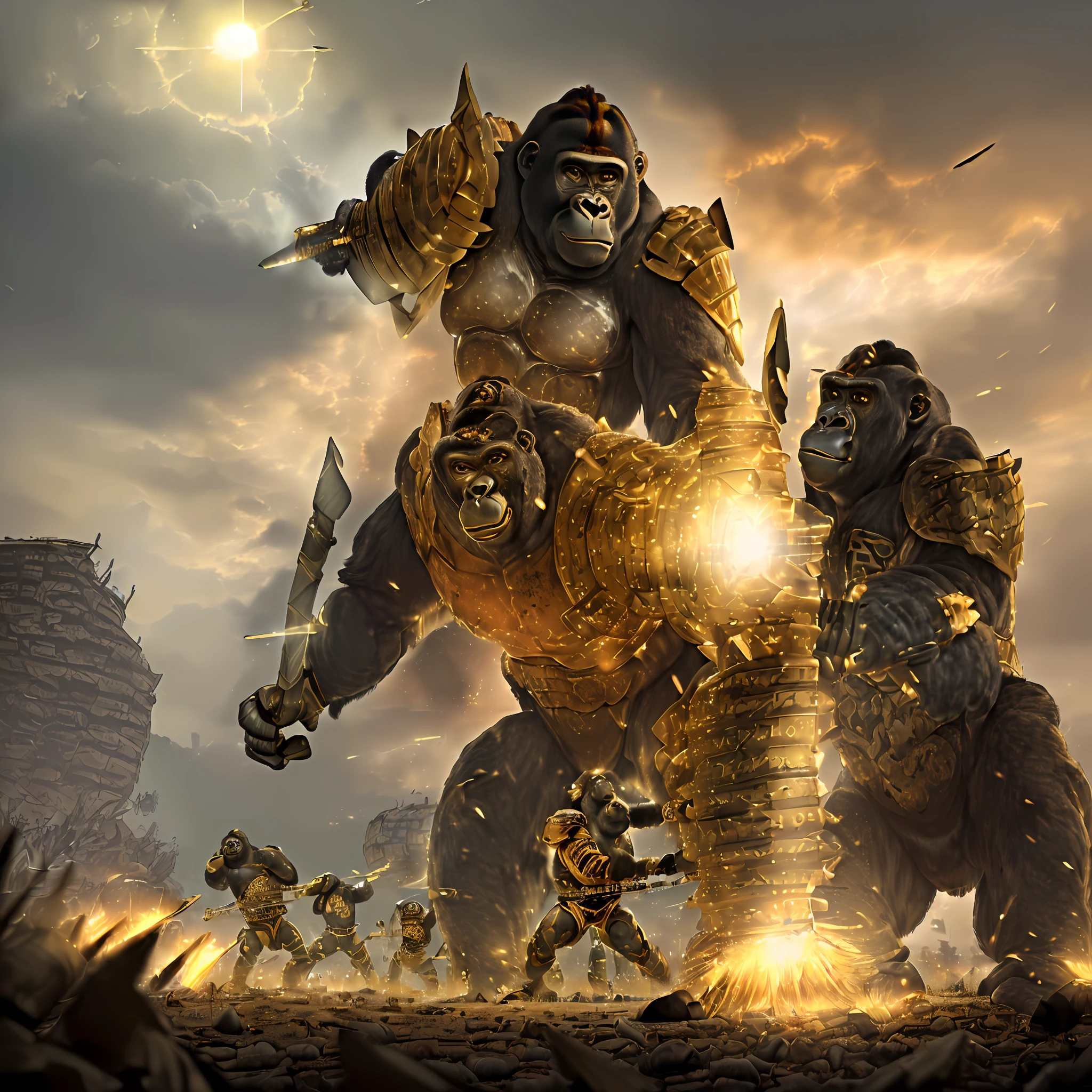 (((Masterpiece))), ((golden hour)), (((Alexander the Great in a bengals uniform fashioned into golden armor holding a charge with his phalanx against an army of fallout super mutant gorilla hybrids)),epic wide angle, angle from below, ((post apocalyptic wasteland)), ((located in post apocalyptic bengals football stadium)), war, death, dynamic lens, dynamic lighting, hires, ultrarealistic, medieval war,(((( redraw this image but with a massive hoplite phalanx taking a charge from super-mutant gorillas)))), (((colorful))), photorealistic