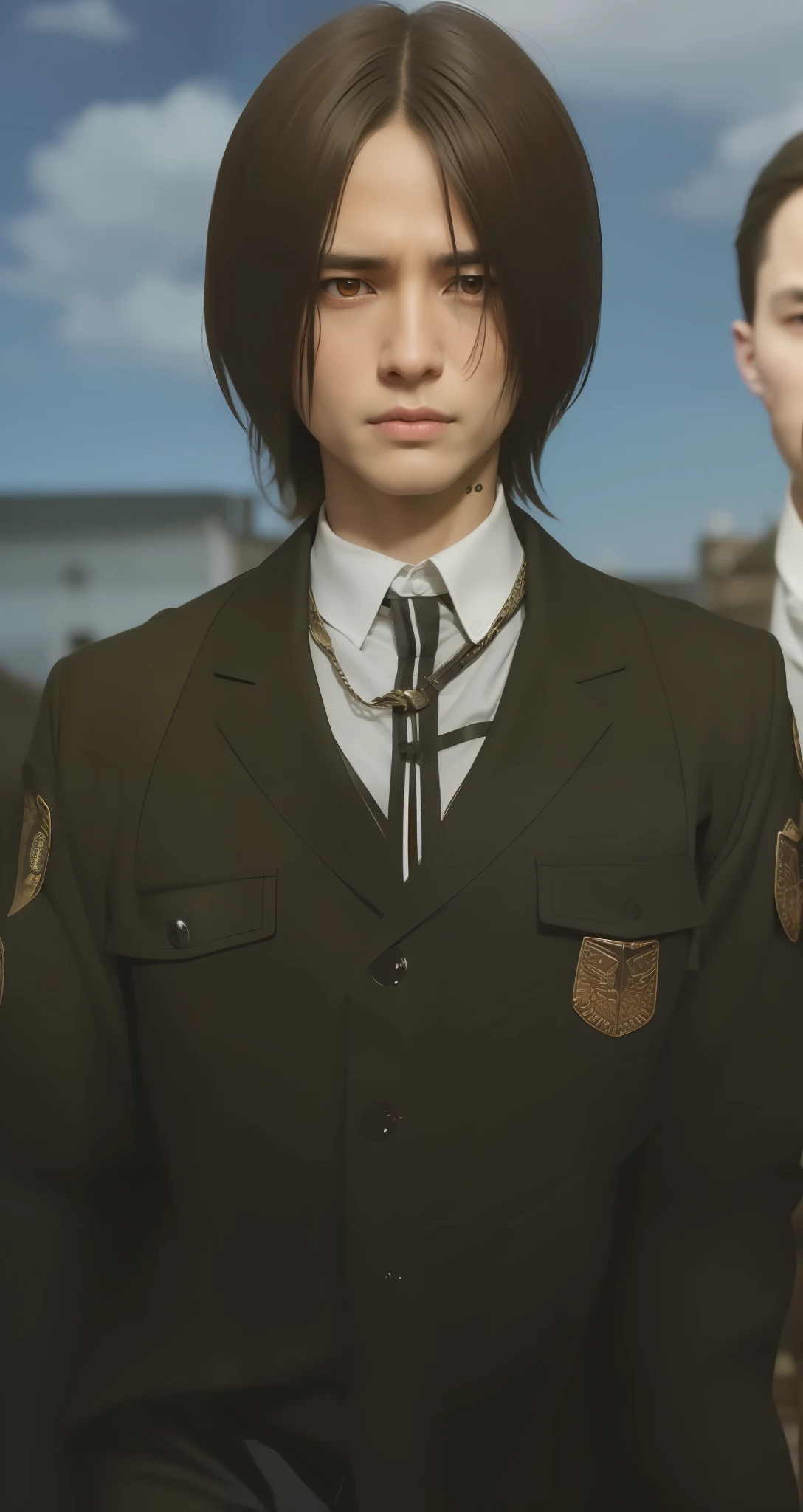 best quality, masterpiece, (realistic: 1.2), 1 man, Eren Jaeger, real life, live action, black jeans, black pants, brown hair, attack on Titan, walking, facing front, looking at screen