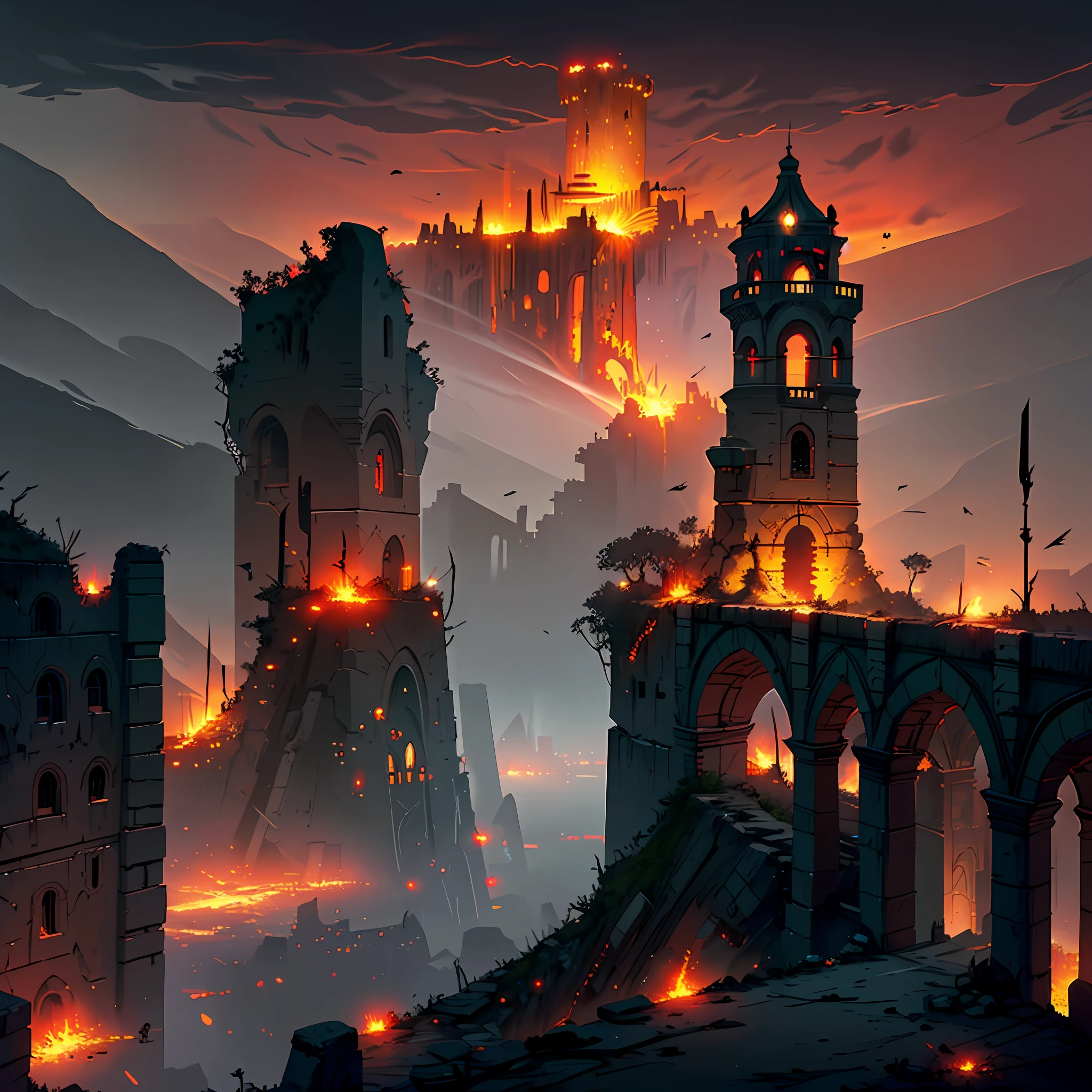 painting depicting a city with a bridge and, stylized urban fantasy, big ancient ruined bridge, dramatic lighting. concept art, apocalyptic setting, red citadel, dramatic concept art, apocalyptic city, background image, apocalyptic city scenery, red citadel, concept art!, apocalyptic architecture, landscape anime concept art, high resolution, absurd, masterpiece , high quality, high detail, aerial view of ancient ruined city  castle inferno,red sky , (((night))) , (magma flows)