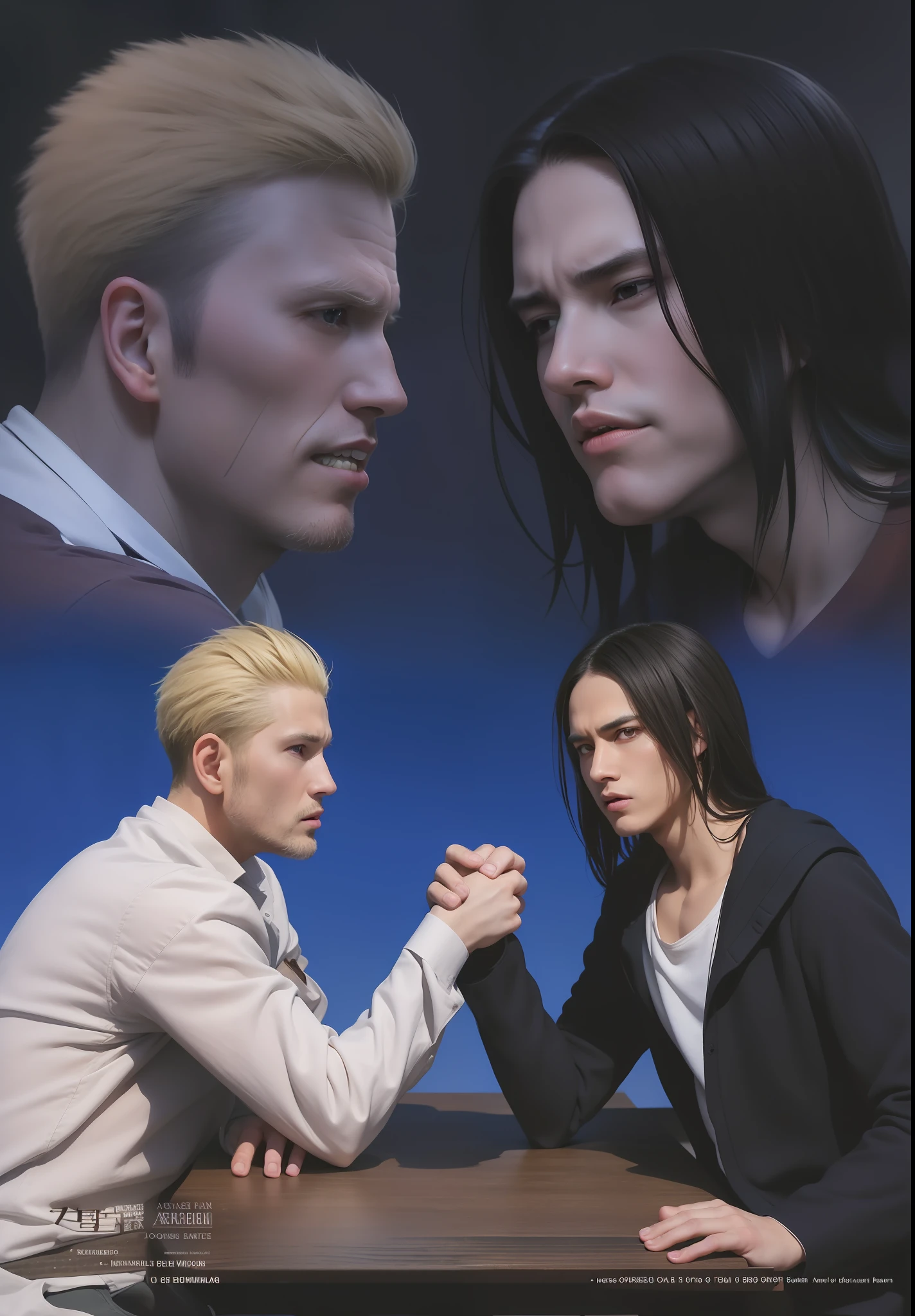 best quality, masterpiece, (realistic: 1.2), 2 men, Eren Jaeger, real life, live action, black jeans, black pants, brown hair, attack on Titan, Reiner Braun, sitting, facing each other, leaning on a table, looking at each other, challenging look