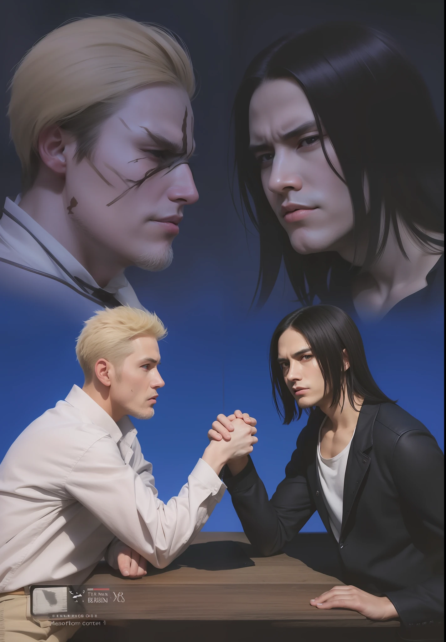 best quality, masterpiece, (realistic: 1.2), 2 men, Eren Jaeger, real life, live action, black jeans, black pants, brown hair, attack on Titan, Reiner Braun, sitting, facing each other, leaning on a table, looking at each other, challenging look