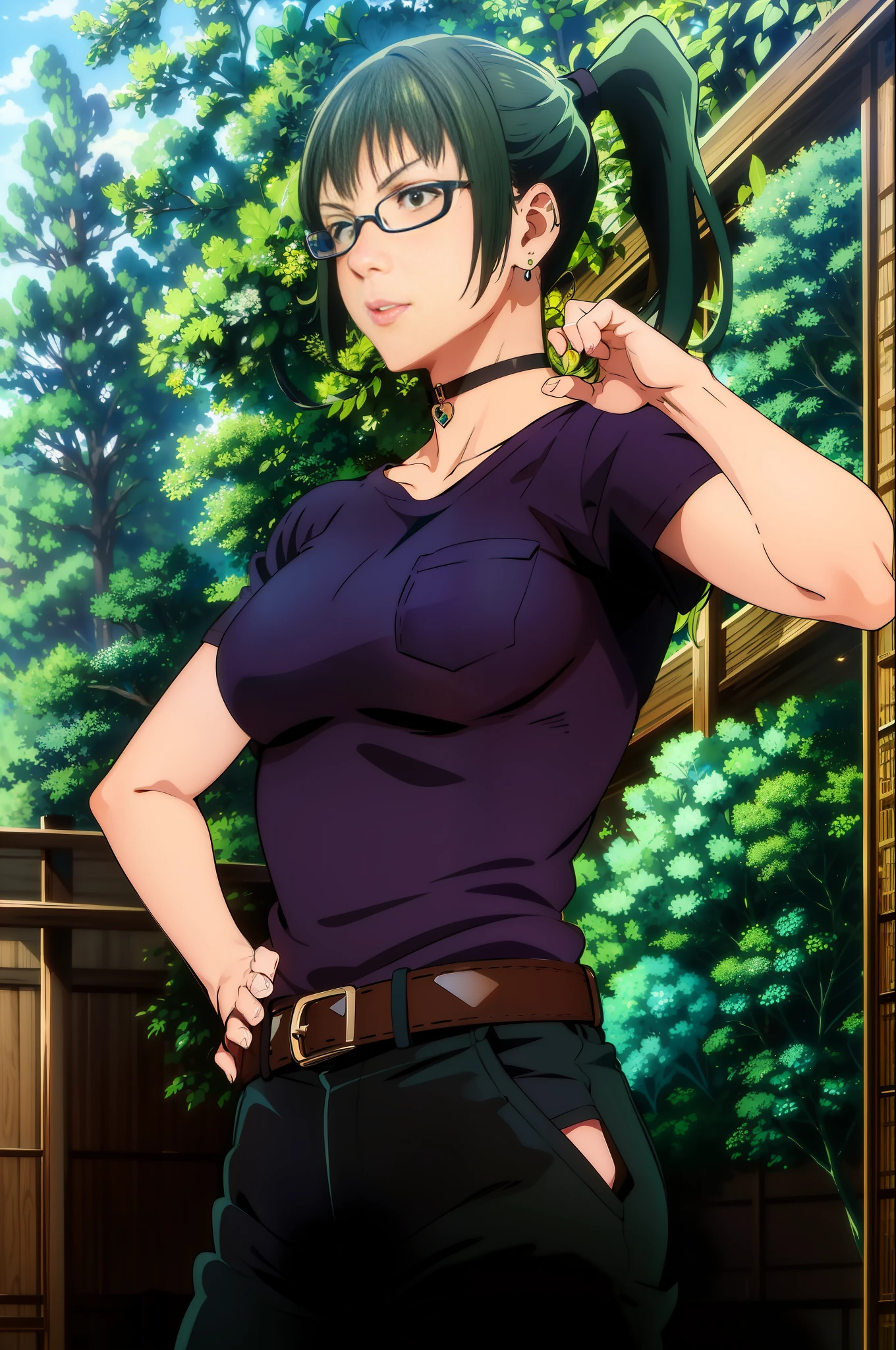1girl, cowboy shot, beautiful ,zenin_maki,ponytail,glasses,bangs,green hair,brown eyes,tshirt, outdoors, belt, choker, tshirt, pants, black_belt, black_choker, breast_pocket, earrings, black tshirt, night, pocket, tshirt_tucked_in, short_sleeves, volumetric lighting, best quality, masterpiece, intricate details, tonemapping, sharp focus, hyper detailed, trending on Artstation