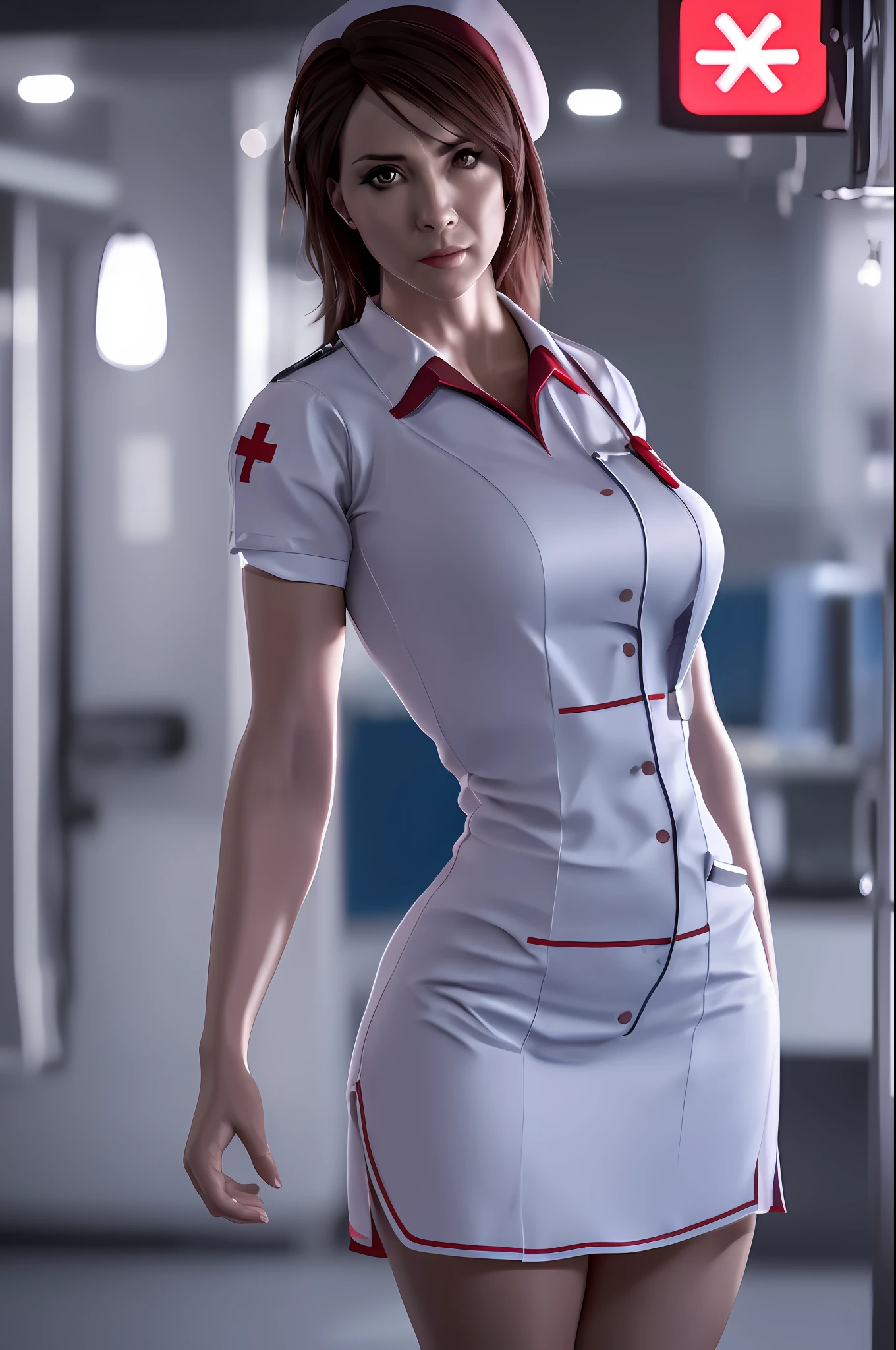 A 3d render of A woman in a nurse's outfit, her body language communicating her desire . highly detailed, 8K, stunning, hdr, subsurface scattering, global illumination, film still, Film-like, bokeh, 3d