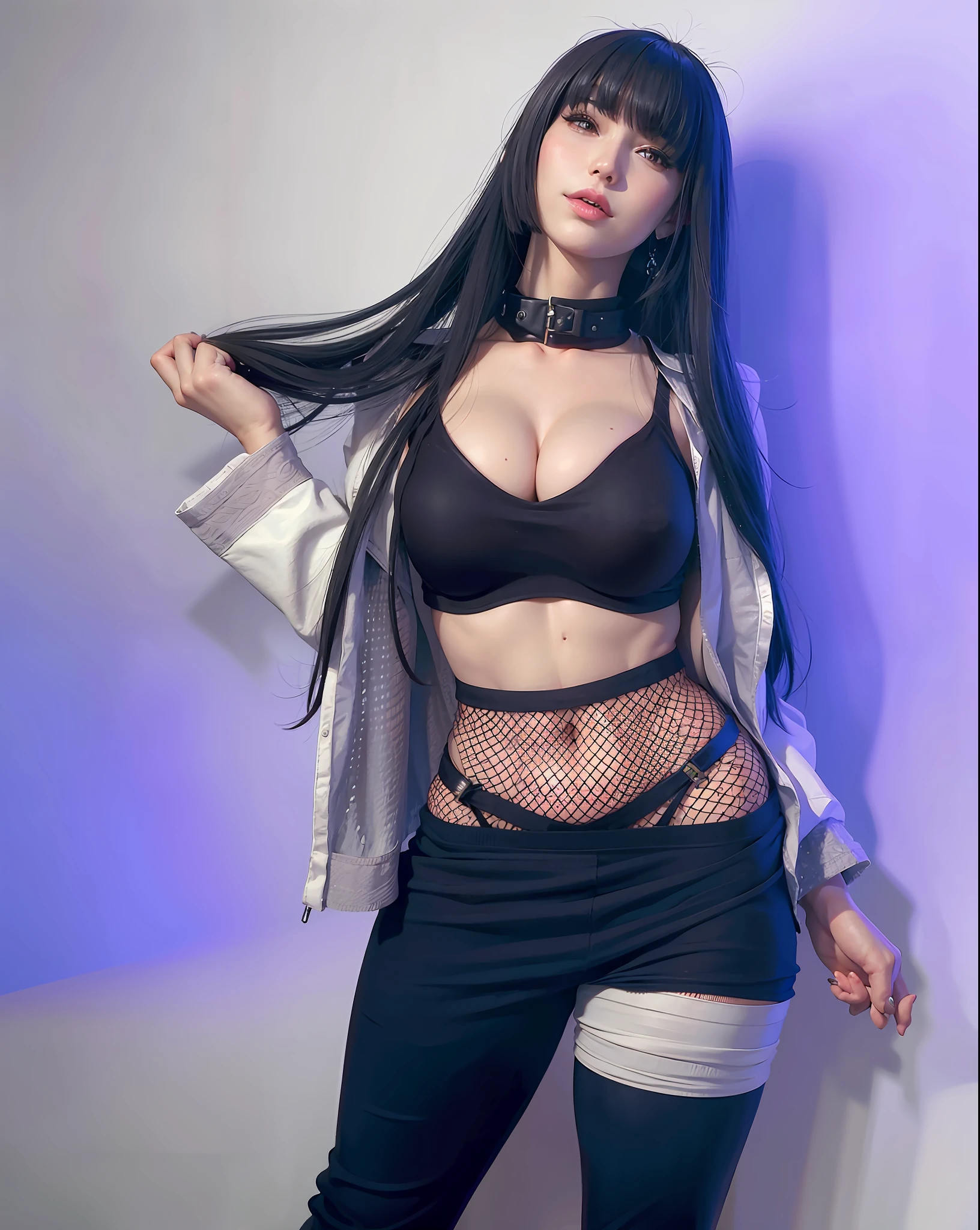 araffe woman in a black tank top and fishnet stockings posing for a photo, tifa lockhart, seductive portrait of tifa lockhart, tifa lockheart, nico robin, hinata hyuga from naruto, irelia from league of legends, tifa, tifa lockhart with white hair, portrait of tifa lockhart, glamorous tifa lockheart, black haired girl, leaf village. Realistic fantasy style photography