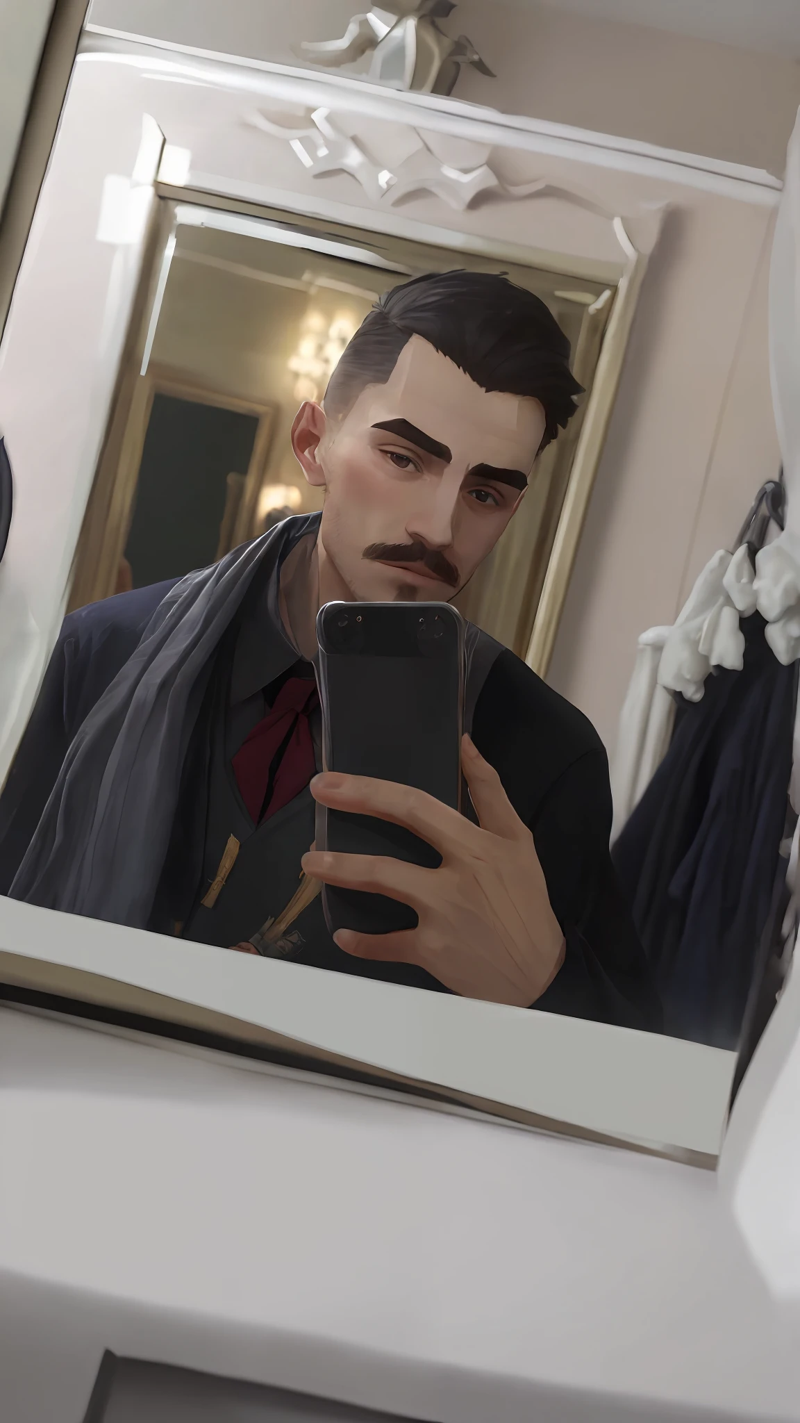 there is a man taking a selfie in the mirror, very low quality image, mirror selfie, low quality photo, about 19 years old, low quality photo, selfie of a man, selfie photo 8k, bad selfie, in the bathroom , profile image 1024px, androgynous person, he has a big french mustache, anime style