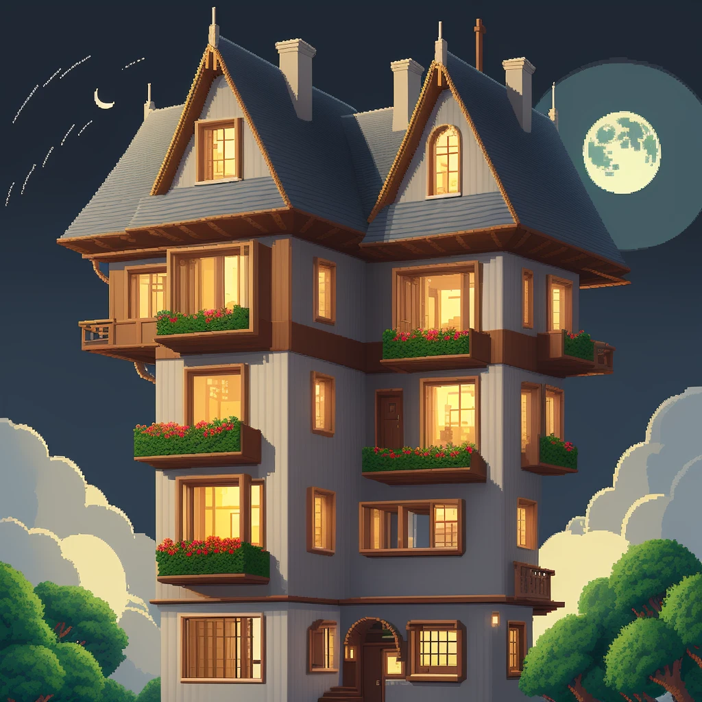 two story pixel art house with a front door four windows chimney at night with trees around and a moon overhead