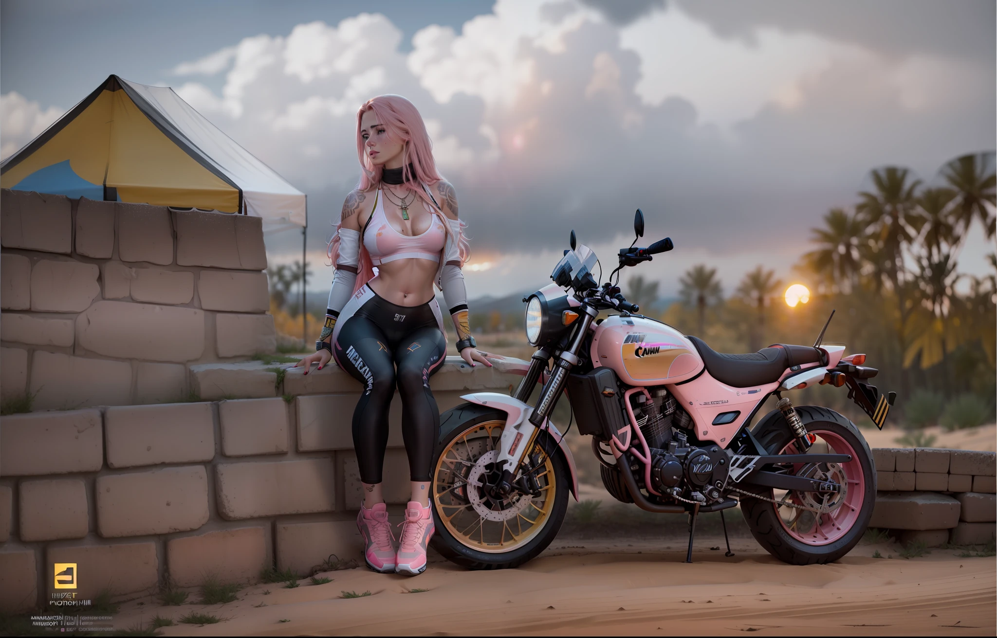 RAW, analog, Nikon Z 85mm, award winning glamour photograph,

a gorgeous russian woman wearing ,skintight_sheer_white_top and skintight_bike_shorts, standing next to a motorcycle, 1girl, bracelet, brown_hair, jewelry, letterboxed, lips, ((long Pink hair)), makeup, small perky ???????, midriff, nail_polish, navel, necklace, nose, realistic, solo, sun, sunset, tattoo, wristband, yellow_background, yellow_sky, beautiful detailed glow, detailed, Cinematic light, intricate detail, highres, detailed facial features, high detail, sharp focus, smooth, aesthetic, extremely detailed, stamp, octane render,  (pronounced ?????), ((????????:1.3)), photo_\(ultra\), photorealistic, realistic, post-processing, max detail, roughness, real life, ultra realistic, photorealism, photography, 8k uhd, photography, SEMI-SILHOUETTE light, russian face, octane render, freckles

((high detailed skin, skin details)), sharp focus, 8k uhd, dslr, high quality, film grain, russian face