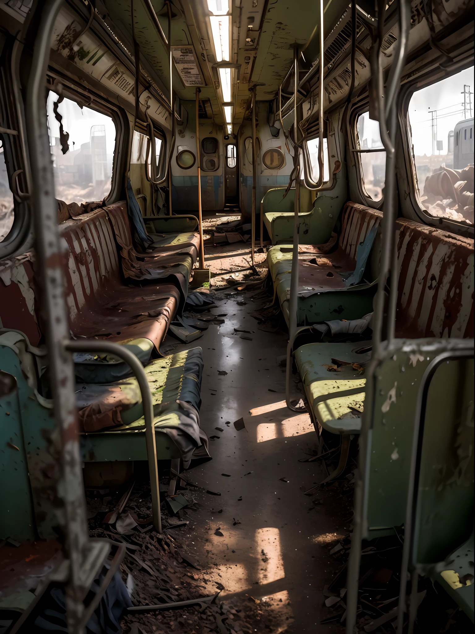 3d render of subway train, abandoned, dramatic color grade, moss, abandoned, broken, old, accurate color grading, rvb, Sony A7 III, Sigma Art 85 mm f/1,4 DG HSM, perfect, subsurface scattering, unreal engine, dusty sun light, dystopian world