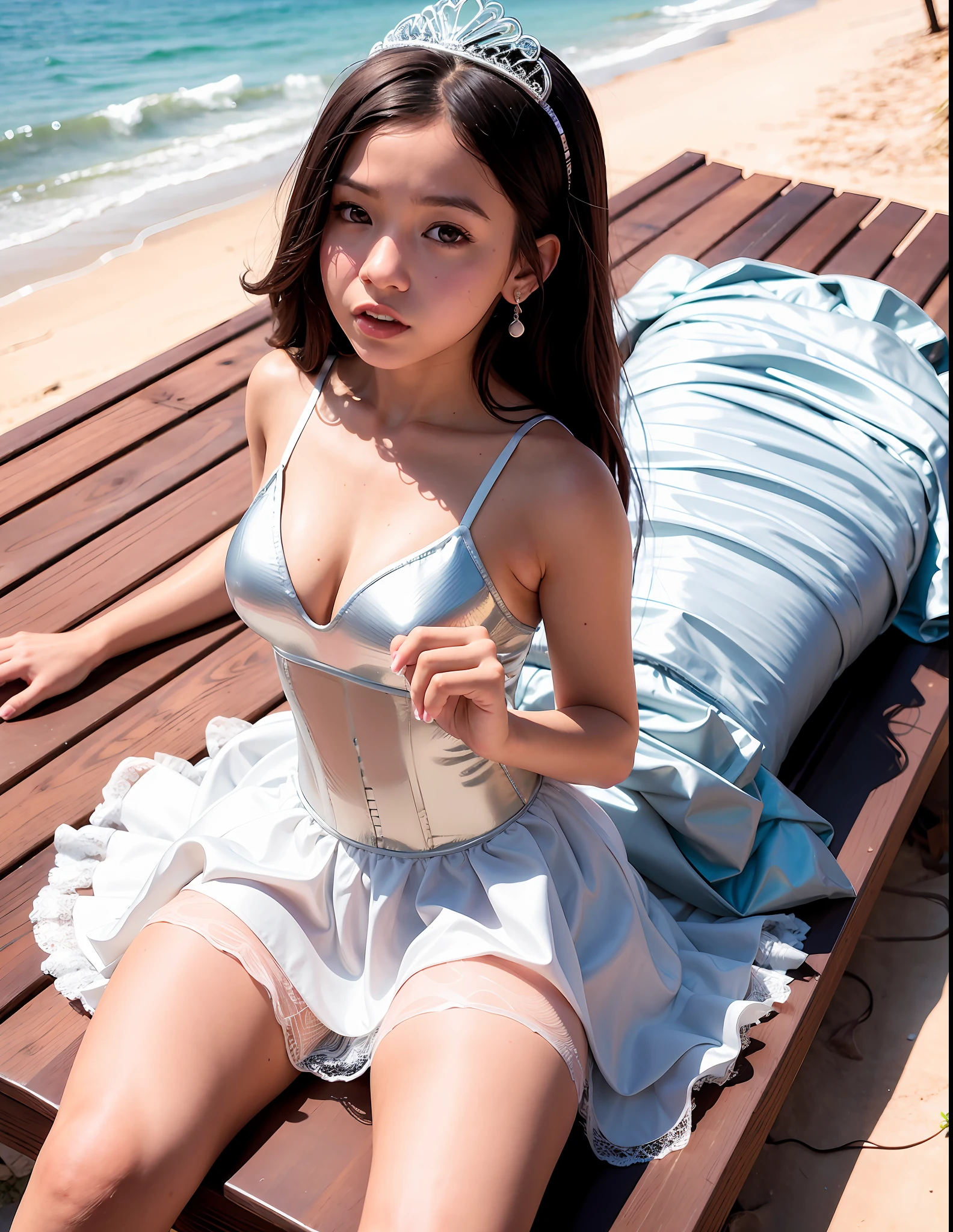 Jenna Ortega, tiny bride dress, tight corset, mesh skirt, silver tiara, big breasts, spreading legs, laying straight on her back on a bench by a sea, dramatic angle from behind her