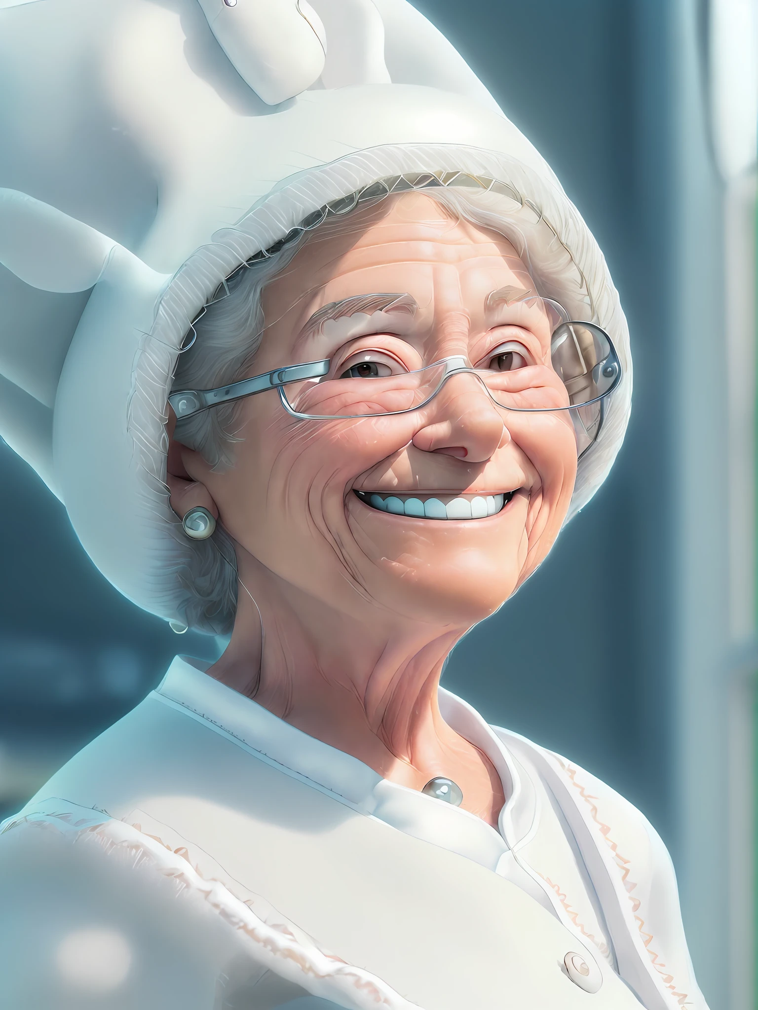 ((best quality)), (detailed), (high resolution and sharpness:1.4), (cute grandma smiling in white cook outfit and hat:1.8), (latin woman face:1.5), , (close-up: 1.4), (centered:1.5), (against dark background:1.3), (looking into camera lens:1.4), (bright eyes:1.3), (window lighting:1.4), (perfect studio lighting:1 ,3), (sharp focus:1.4), (high resolution photography:1.2), ultra detailed, highly detailed, (high definition:1.2), (perfect composition:1.2), intricate, (cute and beautiful:1.3), award-winning photography, professional color grading, octane, unrealistic, vibrant colors, (in pixar style:1.5)