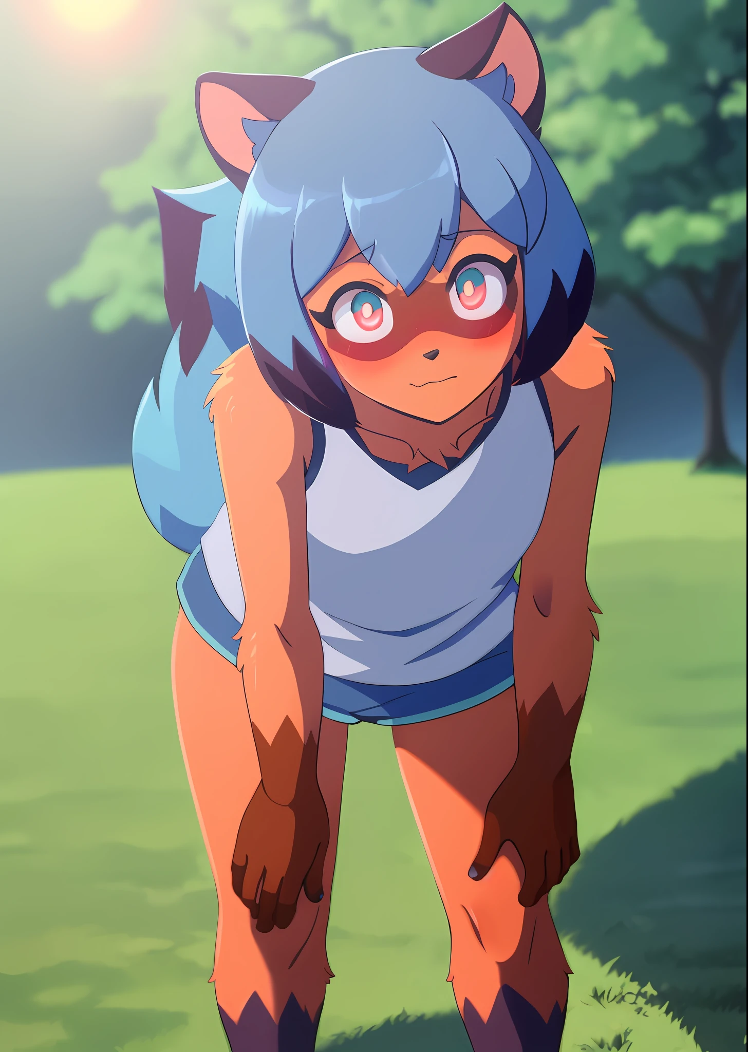 furry michiru kagemori, body fur, bending over, showing butt, blue hair, two toned hair, blush, glowing eyes, lens flare, from above, best quality, highres