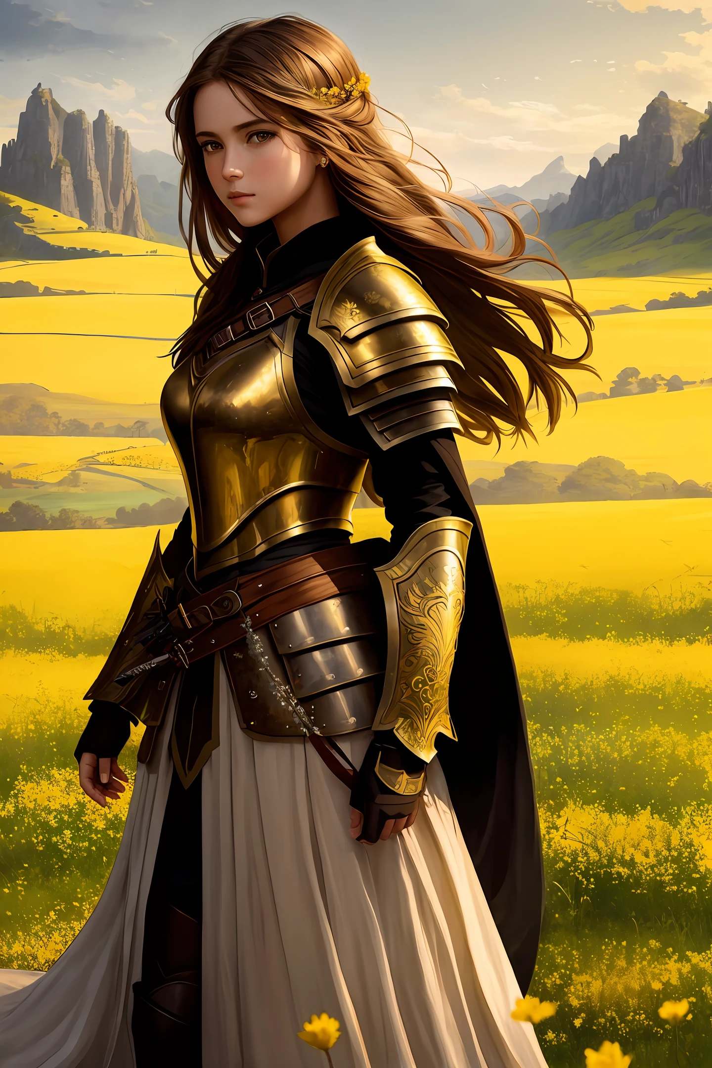 (Masterpiece), (1girl), (best quality), (best artist), (best intensity), (best environment and background), (best landscape), a warrior girl wearing armor, long brown hair, yellow eyes, landscape of flowering fields, semi-dark, neutral lighting, a little without lighting.