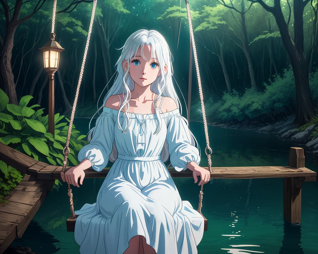 a female character sitting on a swing sits on a tree in a forest at night in front of it there is a lake whose water shines blue character has long white hair with a white dress has a bridge leading to the girl
