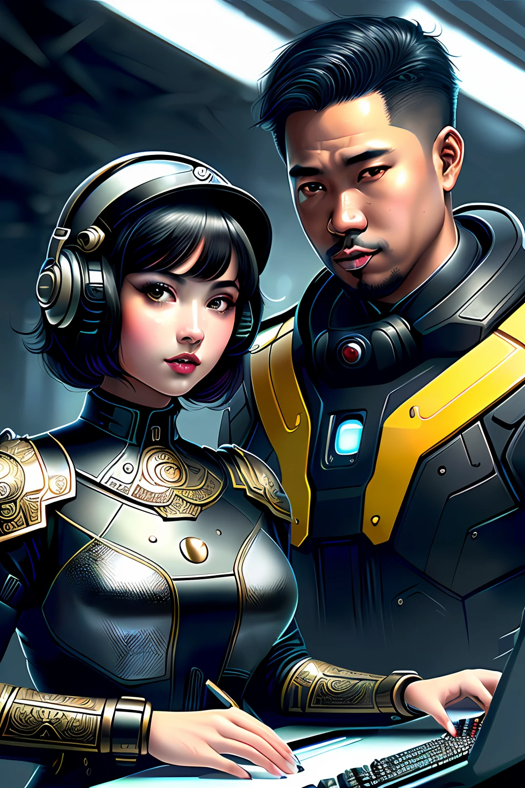 \imagine HQ vintage art style, (hyper detailed), (masterpiece), vivid colors, 1 black woman and 1 futuristic Asian man wearing artificial intelligence and helmet and typing on computer, intricate and realistic details, perfect hands, vibrant eyes and eye-catching, beautifully detailed clothing, Adobe Illustration, Trending on Artstation, 50mm bifocal lens, lighting by Rembrandt, art by Charli1e Bowater